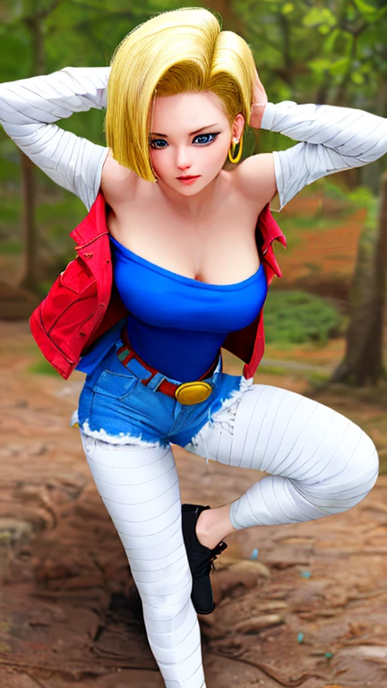 Beautiful blonde hair girl with bob style cut, blue eyes white skin black eyeliner,(( Andriode 18- Dragon ball super)), slim and curvy body image 1.2 high resolution sensual smile show huge and perfect breasts,  legs apart with heels erotic poses ,squirting  