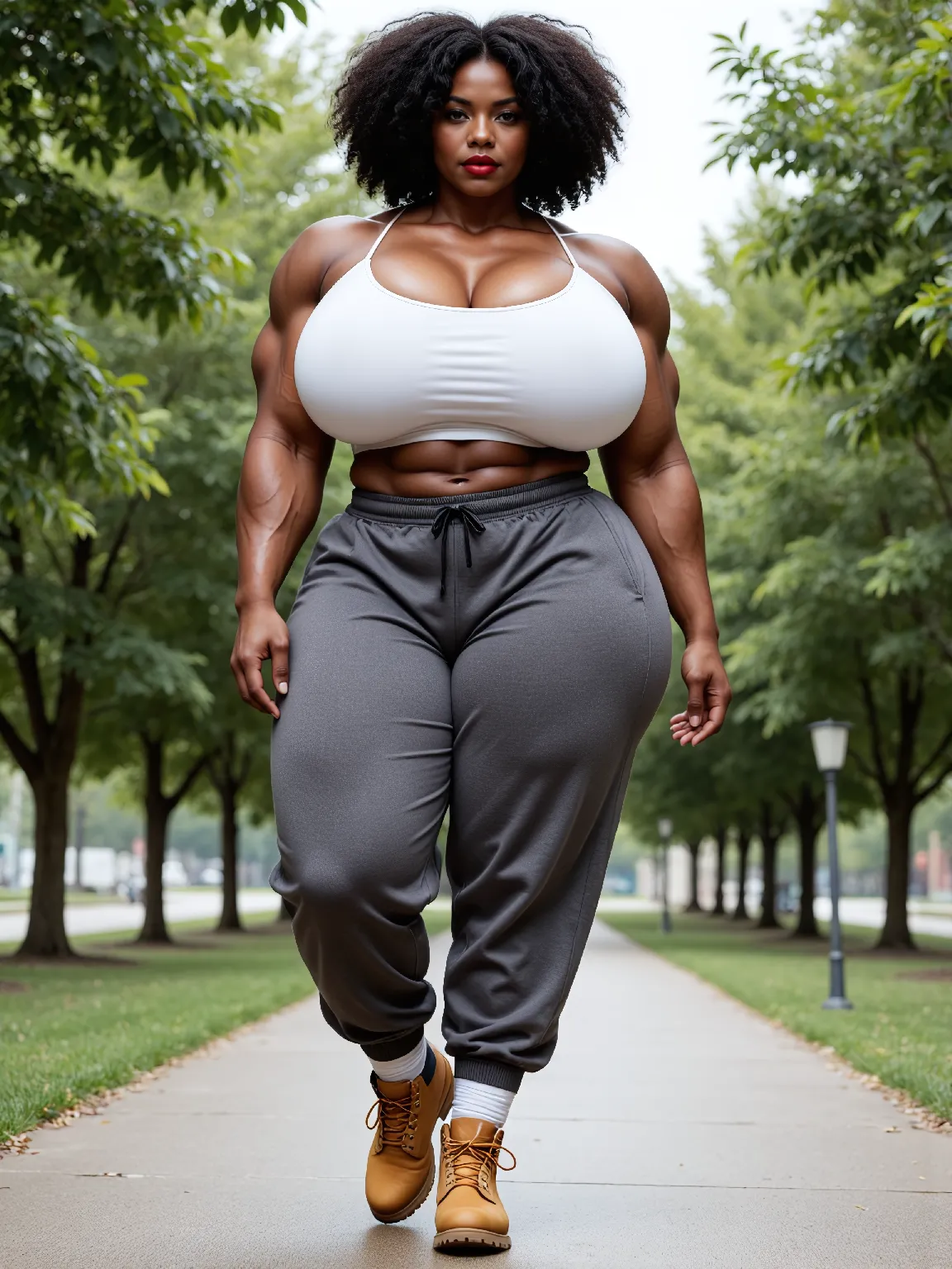 (Muscular young black girl Tinna Keys), talking to someone, huge strong biceps volume, enormous firm tits volume, strong tonned exposed abs, muscular strong legs, bodybuilder muscles bursting in strength, exposed abs skin, (wavy hair), tight yellow tshirt and skirt, night park background, slight smile, sitting on wooden chair
