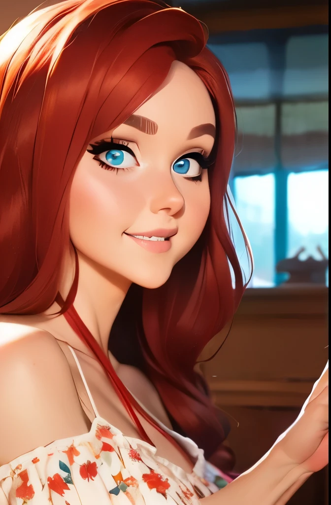 tall college woman(Long red hair; blue eyes; large breasts; pale skin; blushing); Disney-style cgi; naked; laying on the floor in a lounge room; missionary; climaxing; orgasming; blushing; POV; dim incandescent lighting; best quality; trending on artstation; complex volumetric lighting; strong shadows; artistic lighting; dynamic; energetic vibe; realistic skin; specular highlights; micro-textures; highly detailed hair