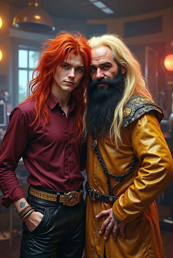 two mens, an 18 year old young man, short red hair , wearing jeans and a white t-shirt, lean, muscular body and red hair, and a young man with long white hair and a youthful appearance, around 30 years old, look like henry cavill, with animal leather pants, bare chest and holding a sword, walking through a 12th century village