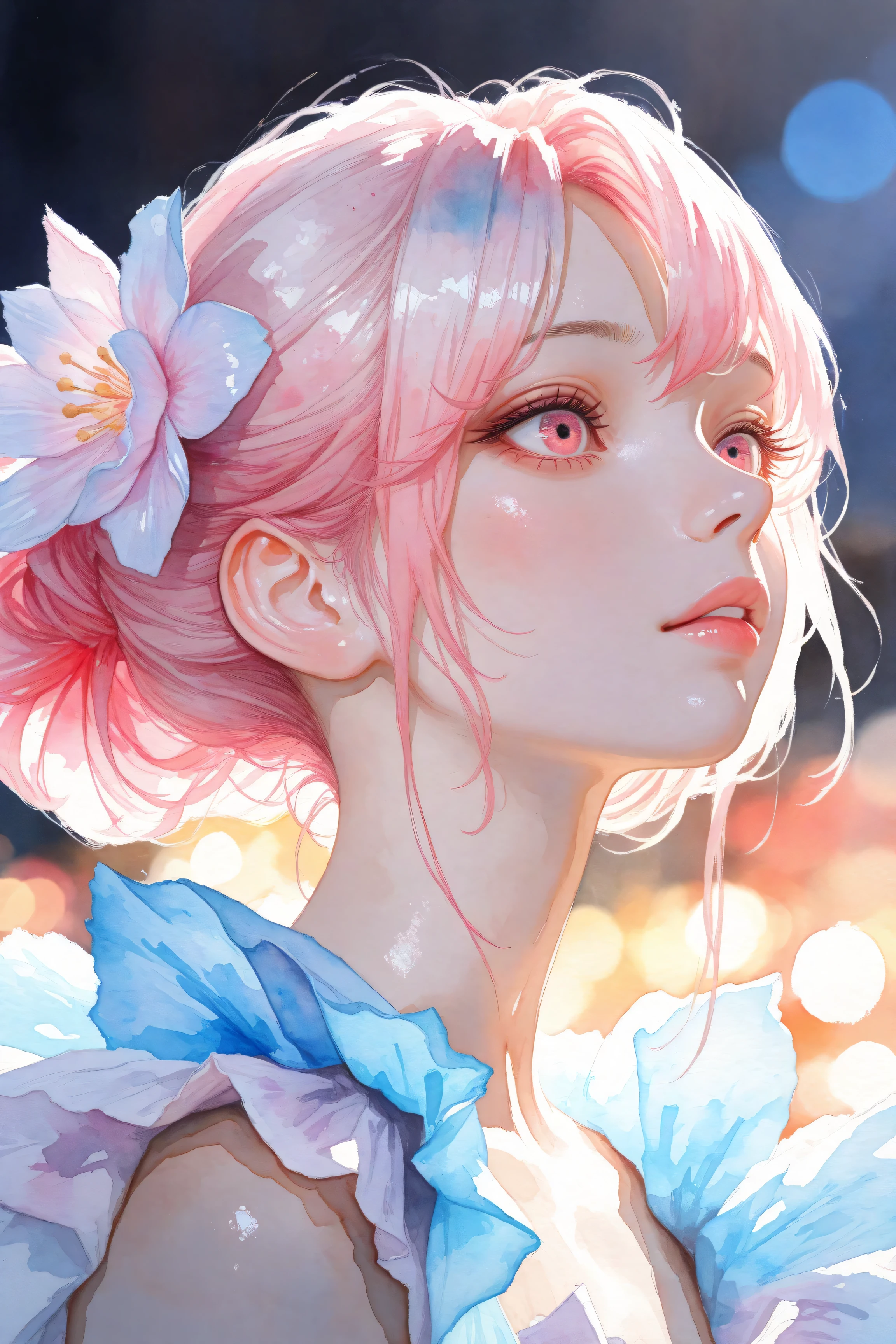 A young japanese woman, beautiful detailed eyes, beautiful detailed lips, extremely detailed eyes and face, long eyelashes, woman wearing a flowery dress, pastel painting oil stick painting, thick coating, texture, inspired by Moebius, trippy, (((watercolor illustration))), portrait, big eyes, ulzzang, pink eyes, (best quality,4k,8k,highres,masterpiece:1.2),ultra-detailed,(realistic,photorealistic,photo-realistic:1.37),HDR,UHD,studio lighting,ultra-fine painting,sharp focus,physically-based rendering,extreme detail description,professional,vivid colors,bokeh