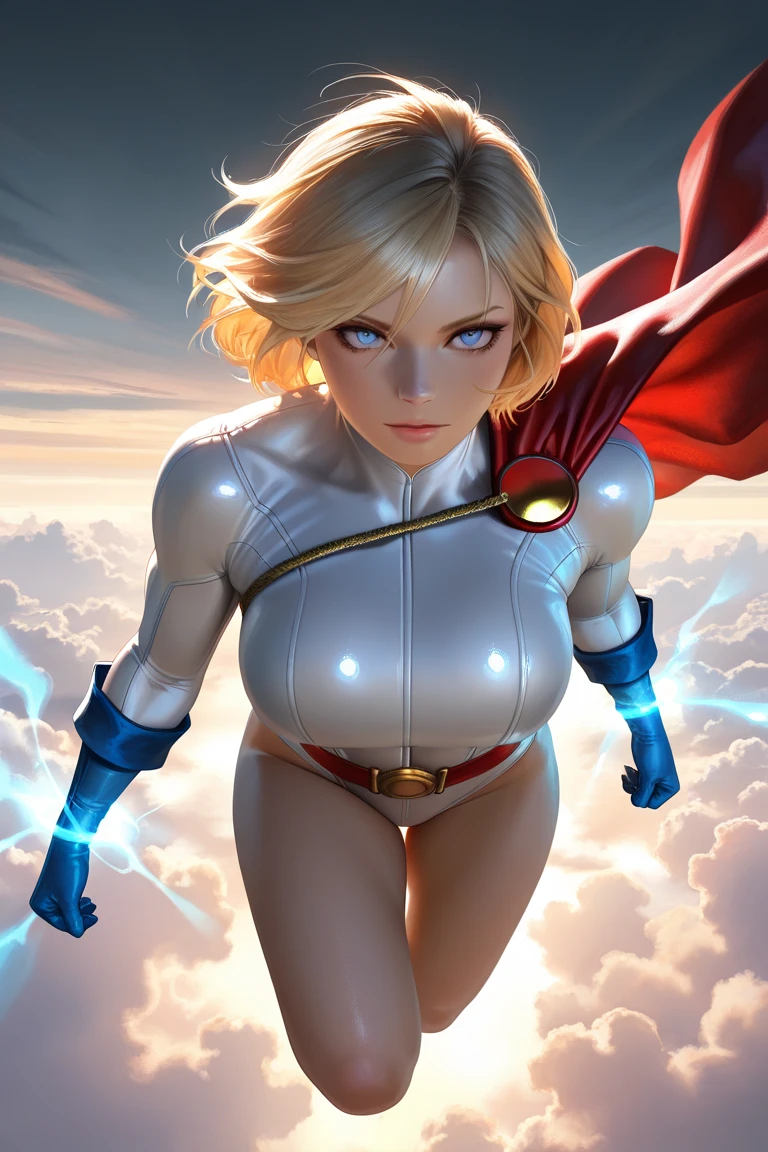 Power Girl, the Kryptonian superheroine, tears through the clouds above the city, her cape billowing behind her in the wind. She is caught in the middle of a fierce battle with her arch-nemesis, ((the telepathic villain)) Psi, whose powerful psychic abilities threaten to overpower her. The energy radiating from their intense mental struggle crackles through the air, illuminating the city skyline in brilliant colors. Power Girl grits her teeth in determination, determined to protect the city and triumph over her foe.