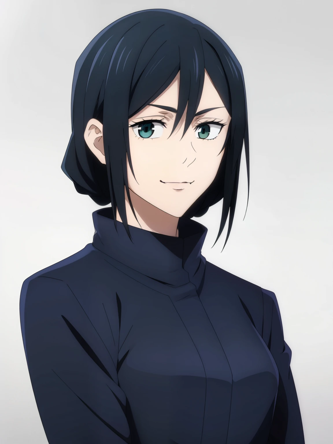 (high-quality, breathtaking),(expressive eyes, perfect face) 1girl, female, solo, ager, black hair, bright meadow green eye color, long hair length, looking at viewer, half body, bright smile, kind face, cheerful expression, slightly tanned skin, dark black blue long sleeved shirt, collared shirt, dark black blue pants, jujutsu kaisen uniform, jujutsu high school uniform, flowy hair, feminine face, grey background, portrait, Elysia inspired hairstyle, small sunflower, stylized hairstyle

