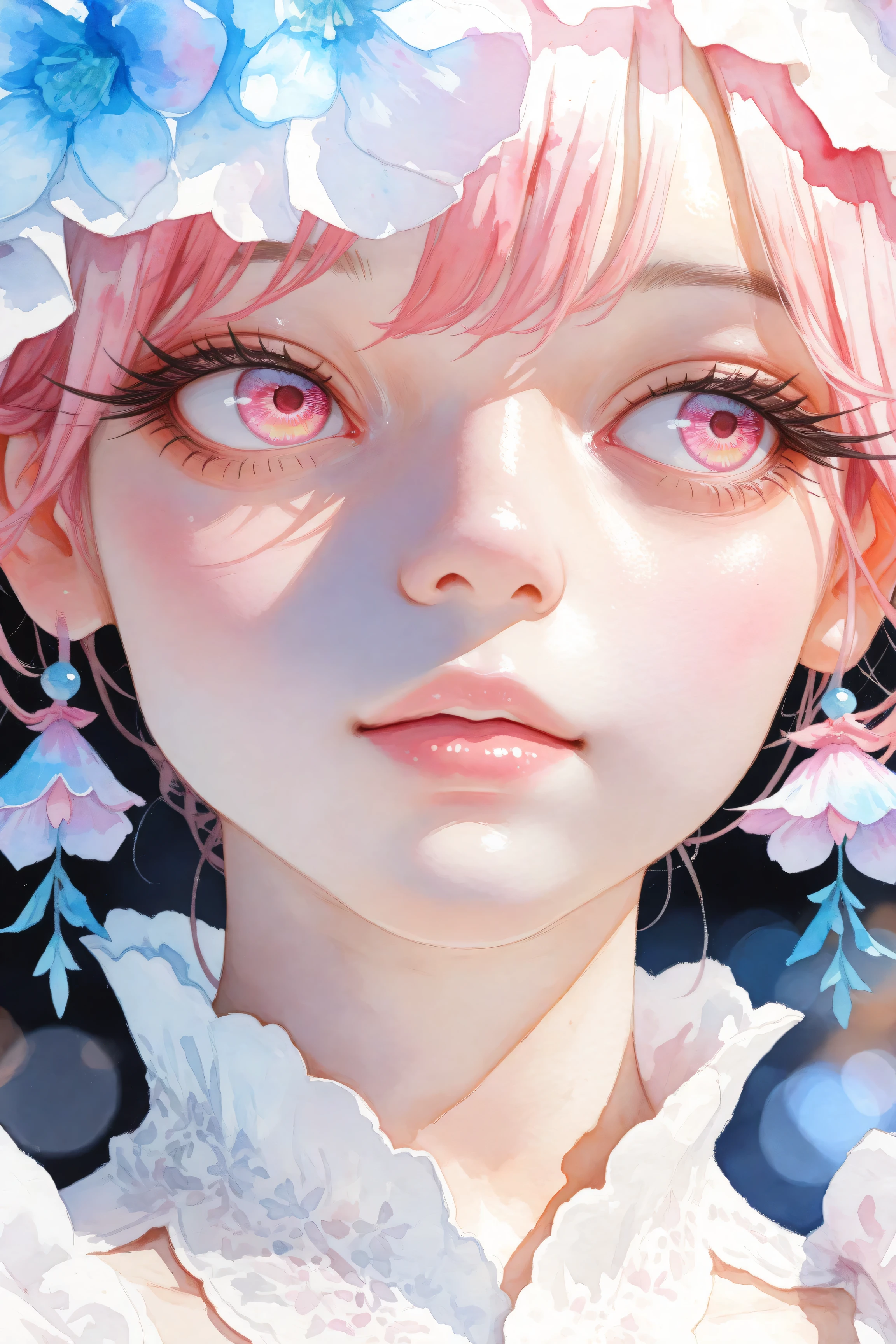 A young japanese woman, beautiful detailed eyes, beautiful detailed lips, extremely detailed eyes and face, long eyelashes, woman wearing a flowery dress, pastel painting oil stick painting, thick coating, texture, inspired by Moebius, trippy, (((watercolor illustration))), portrait, big eyes, ulzzang, pink eyes, (best quality,4k,8k,highres,masterpiece:1.2),ultra-detailed,(realistic,photorealistic,photo-realistic:1.37),HDR,UHD,studio lighting,ultra-fine painting,sharp focus,physically-based rendering,extreme detail description,professional,vivid colors,bokeh
