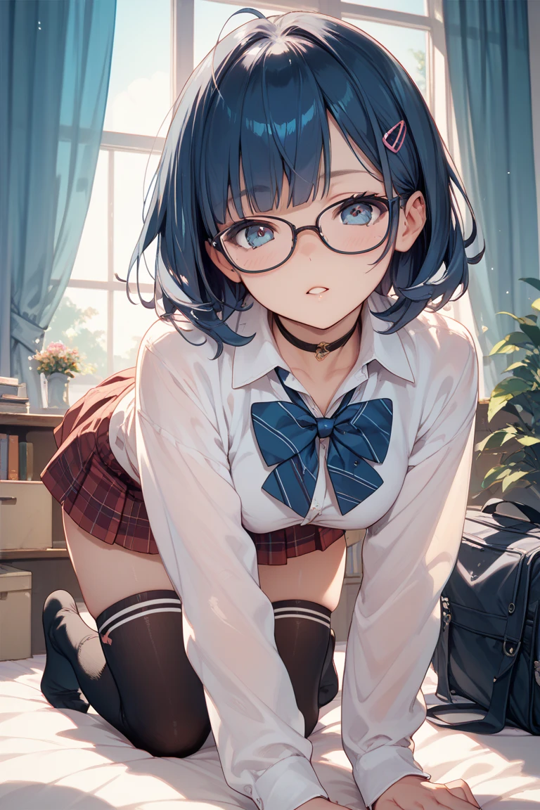 Elementary school girl, 8 years old, toddler, flat chest, black hair, short bob, glasses, purple eyes (One person) White short sleeve blouse Mini skirt with light blue ruffles White panties ((I can see her panties)) White socks Girl's Room Sitting on the bed Reading a book Dynamic Angle Low - Angle