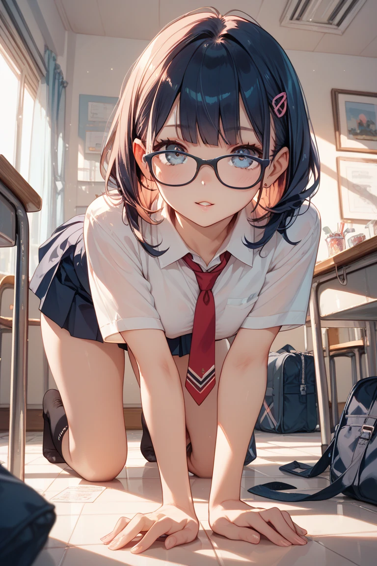 ((Lacy white panties)),((high school girl)),((school uniform)),((White blouse)),(((Pleated mini skirt))), ((A shy smile)),((Beautiful legs)),((Beautiful feet)),((squat)),Ultra-high resolution, Mature Woman, Mature Woman, Very detailed, ((Small breasts)), Perfect hands, Detailed fingers, Beautiful details, (((Glasses))),((Long Hair)),((Twin tails)),Black choker, Earrings,loafers,(Black Pantyhose), (Black Stockings),Perfect Eyes, Seductive eyes, School stairs,