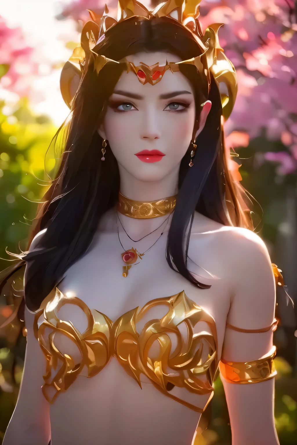 One 20 year old girl, breast 1.1, navel,upper body,bare shoulders,wears red tube top,red skirt, blue gems,shiny skin,hand in own hair,(mature female),milf, beautiful cai lin, deep blue eyes, jet black long hair, face symmetry 8k resolution high quality. background: around the garden surrounded by Sakura trees with fluttering sakura petals,
Image from head to thighs, hourglass figure, bare round shoulders, exposed midriff, a tilak on her forehead,ornamental logo on her forehead, snake crown, necklace, earings with blue gem, long black hair bangs, pointy ears,golden bracelet,Bright lightening under the sun through sakura canopy. High quality 16k resolution,( HDR :1.5), cinematic look, ultra-detailed,ultra lightening, (photorealistic :1.2), long thin straight eyelashes, dense black eyelashes,sharp eyes, diamond shaped head, straight nose, closed heart shaped lips, front view pose looking at viewer, sexy,