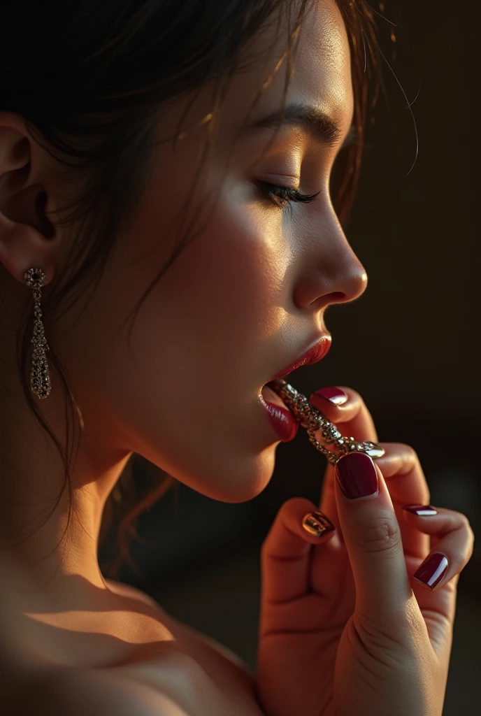 Transparent rod、Pause、put your hand in front of your mouth、please open your mouth wide、Grasping hands、undressed clothes、the most beautiful woman in japan、blush:1.5、profile:1.3、raise your chin:1.3、expression of climax:1.3、half closed eyes:1.3、Hollow gaze:1.3、pure white skin、dark brown long hairstyle、adult face、long face、expensive鼻、expensive:1.2、high resolution eyes、brown eyes、(light makeup、thin lipstick、Huge :1.2)、thin eyebrows、thin necklace、small earrings、ticker, Super detailed、written boundary depth、on the bed at night、Hotel room at night、