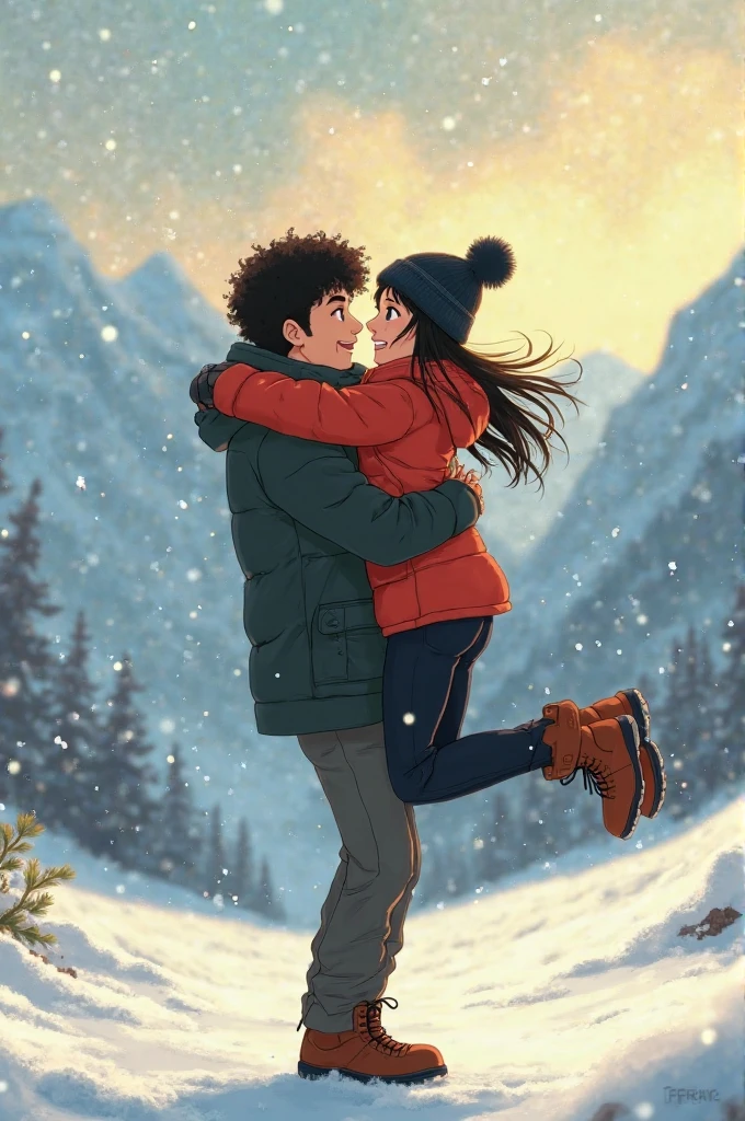 Realistic real life girl and boy prone in snow together in snow add little bit greenland view girl wearing black coat and red muffler and boy wearing black jacket watching moon.boy face in simple little bit