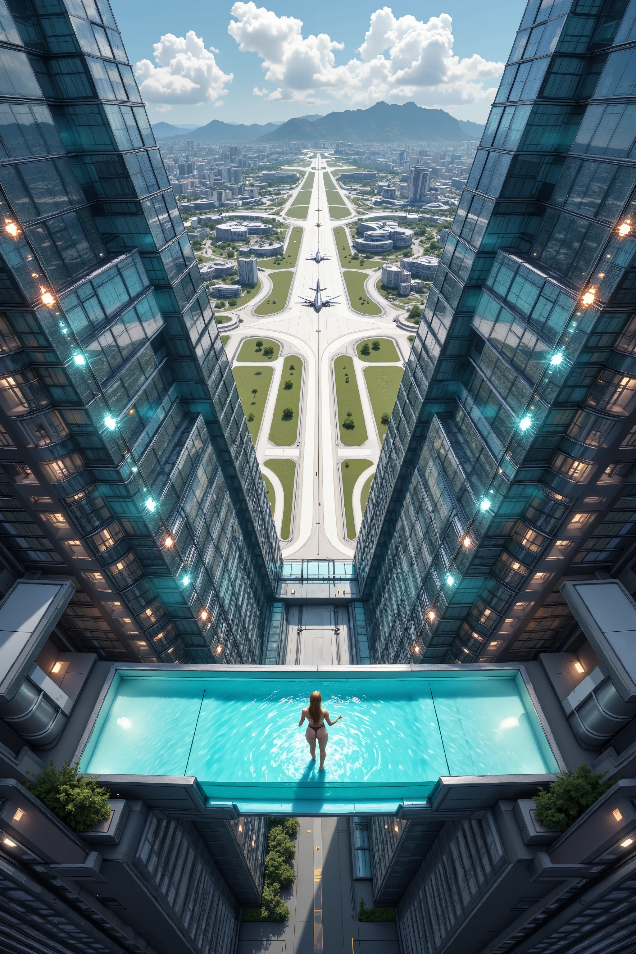 Aerial camera shot from above, realistic image according to the laws of physics and based on reality in terms of sizes of objects, people, and depth, Transparent pool at the top of 2 skyscrapers, Connects the 2 skyscrapers at their highest points, From top to bottom you can see an airplane landing strip between the two buildings through the transparent pool that is located in the luxury penthouses on the top floors of each building, a beautiful curvy girl, hourglass body swimming in the pool