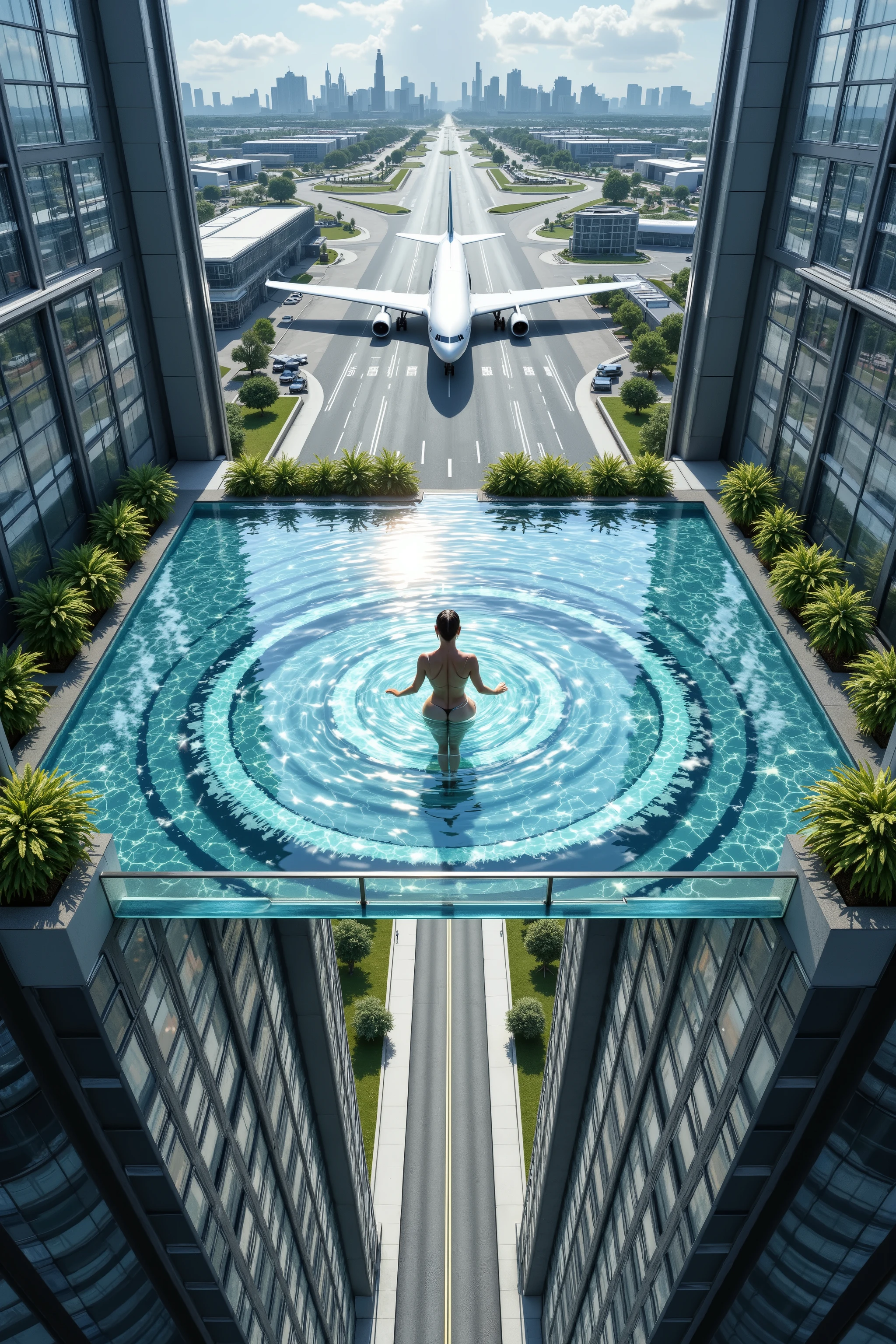 Aerial camera shot from above, realistic image according to the laws of physics and based on reality in terms of sizes of objects, people, and depth, Transparent pool at the top of 2 skyscrapers, Connects the 2 skyscrapers at their highest points, From top to bottom you can see an airplane landing strip between the two buildings through the transparent pool that is located in the luxury penthouses on the top floors of each building, a beautiful curvy girl, hourglass body swimming in the pool