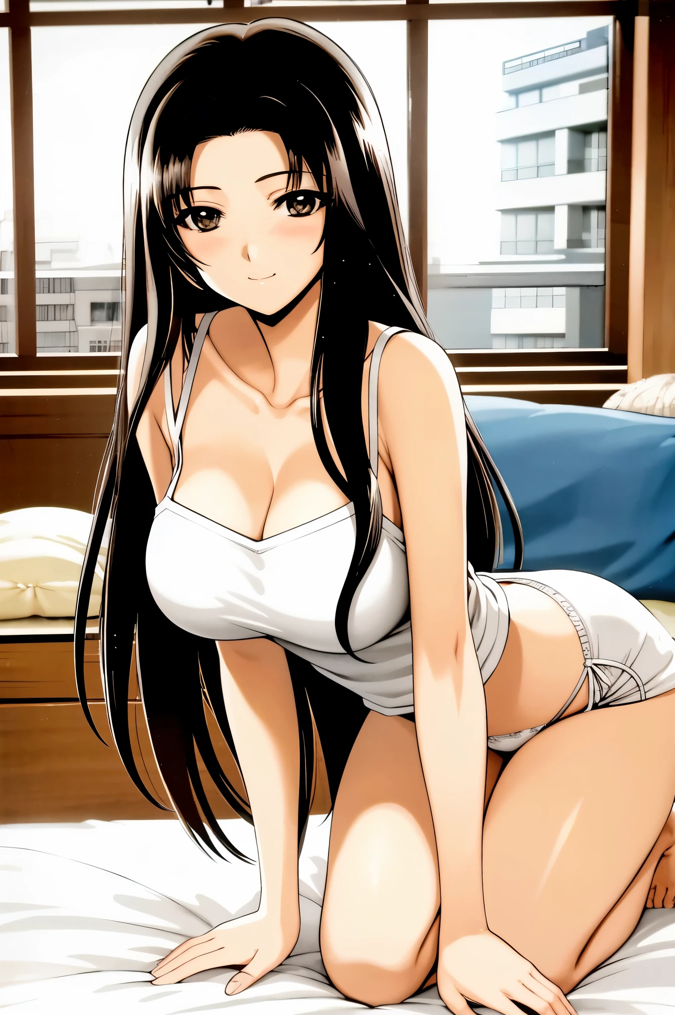1990s\(style\)、1990sアニメセル画  style、best quality,( big eyes:1.2)、(Big Breasts:1.2),1 woman,Embarrassing Smile,masterpiece,best quality、adult woman,adult ladie,( 1 woman1.4)、masterpiece、best quality,masterpiece, best quality,Viewers, (black hair,long hair,brown eyes,)high definition,,(slender,busty),cleavage,Belly button,(panty shot,white panty,white string panties),off-shoulder knit sweater,length short knit sweater,super miniskirt,bent over,(indoor,starry sky,love hotel bedroom),, (full-face blush,pout,ahegao),all fours,Looking Back,focus on buttocks