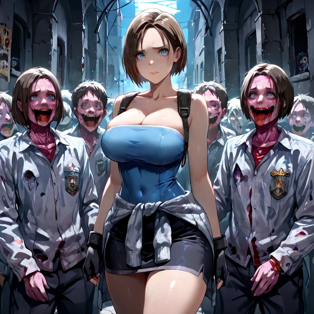 Huge , curvy thick Jill, in resident evil style, (blue tank top strapless),(black pencil mini skirt), belts, ((group zombies hands grab jill in dead city)), torn