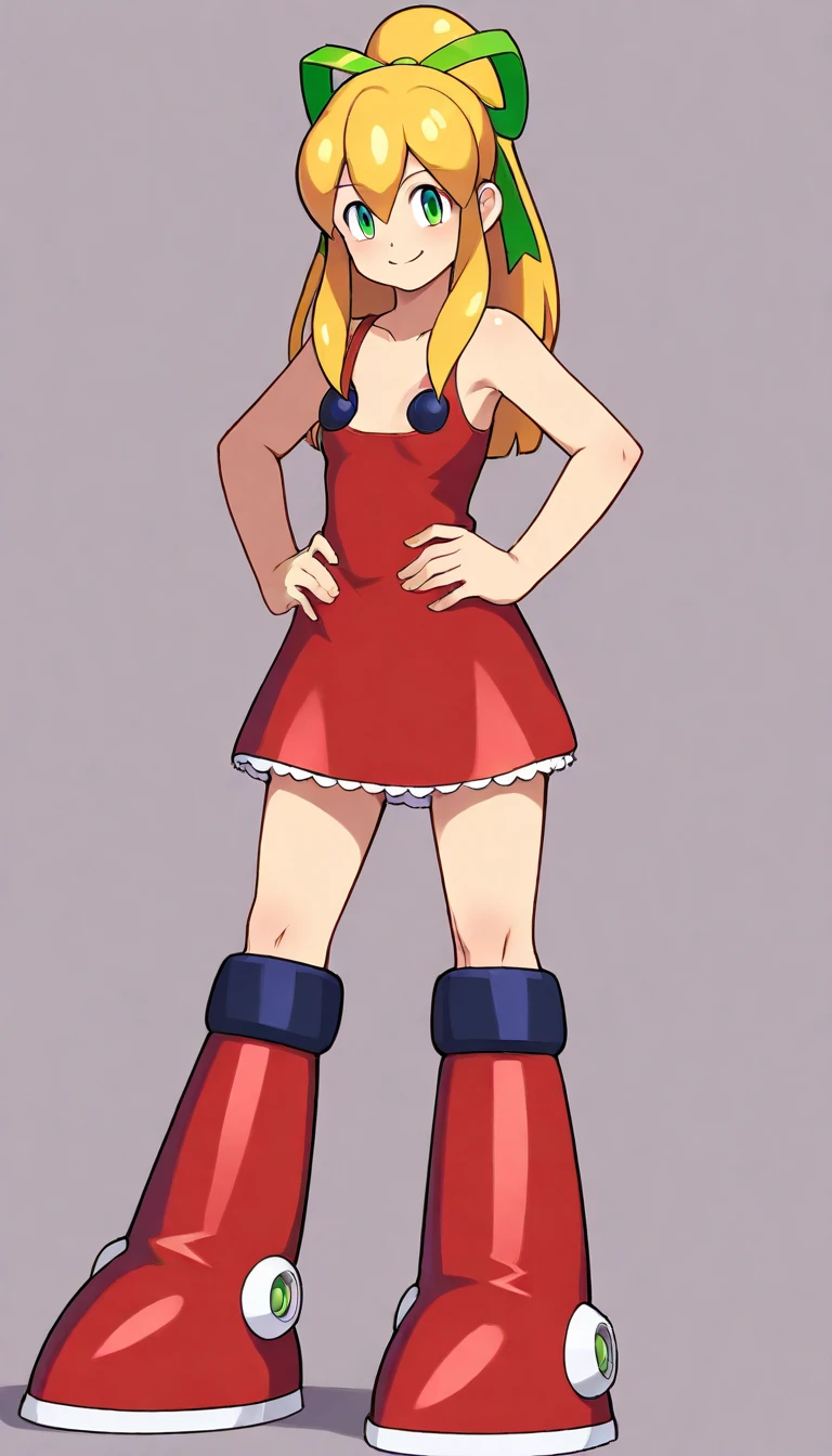 newest, masterpiece, best quality, 4k, very aesthetic, detailed background, full body, 1girl, solo, r0ll, roll (mega man),long hair, blonde hair, hair ribbon, ponytail, sidelocks, green eyes, red dress, knee boots, bare shoulders, collarbone, smile, hands on hip, bare hands