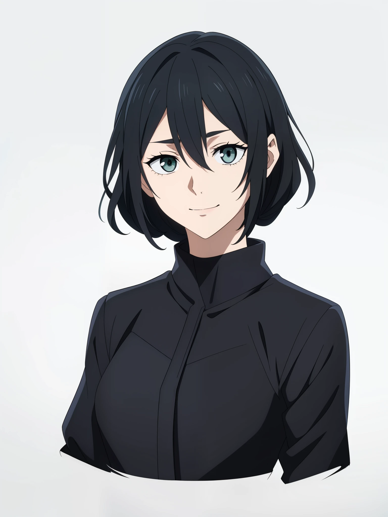 (high-quality, breathtaking),(expressive eyes, perfect face) 1girl, female, solo, ager, black hair, bright meadow green eye color, mediium hair length, looking at viewer, half body, bright smile, kind face, cheerful expression, slightly tanned skin, dark black blue long sleeved shirt, collared shirt, dark black blue pants, jujutsu kaisen uniform, jujutsu high school uniform, flowy hair, feminine face, grey background, portrait, small sunflower, stylized hairstyle,