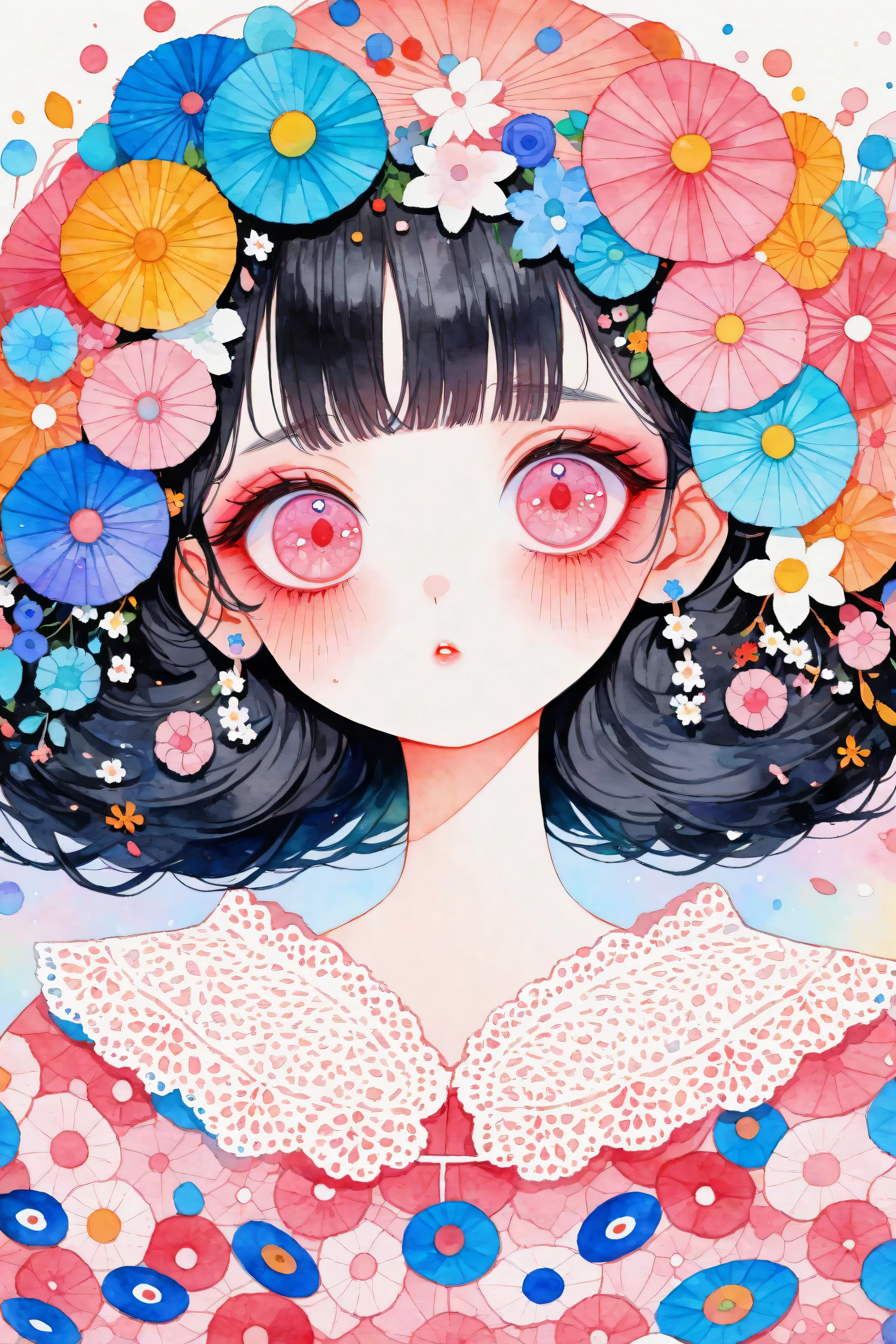 A young japanese woman, beautiful detailed eyes, beautiful detailed lips, extremely detailed eyes and face, long eyelashes, woman wearing a flowery dress, pastel painting oil stick painting, thick coating, texture, inspired by Moebius, trippy, (((watercolor illustration))), portrait, big eyes, ulzzang, pink eyes, (best quality,4k,8k,highres,masterpiece:1.2),ultra-detailed,vivid colors,bokeh