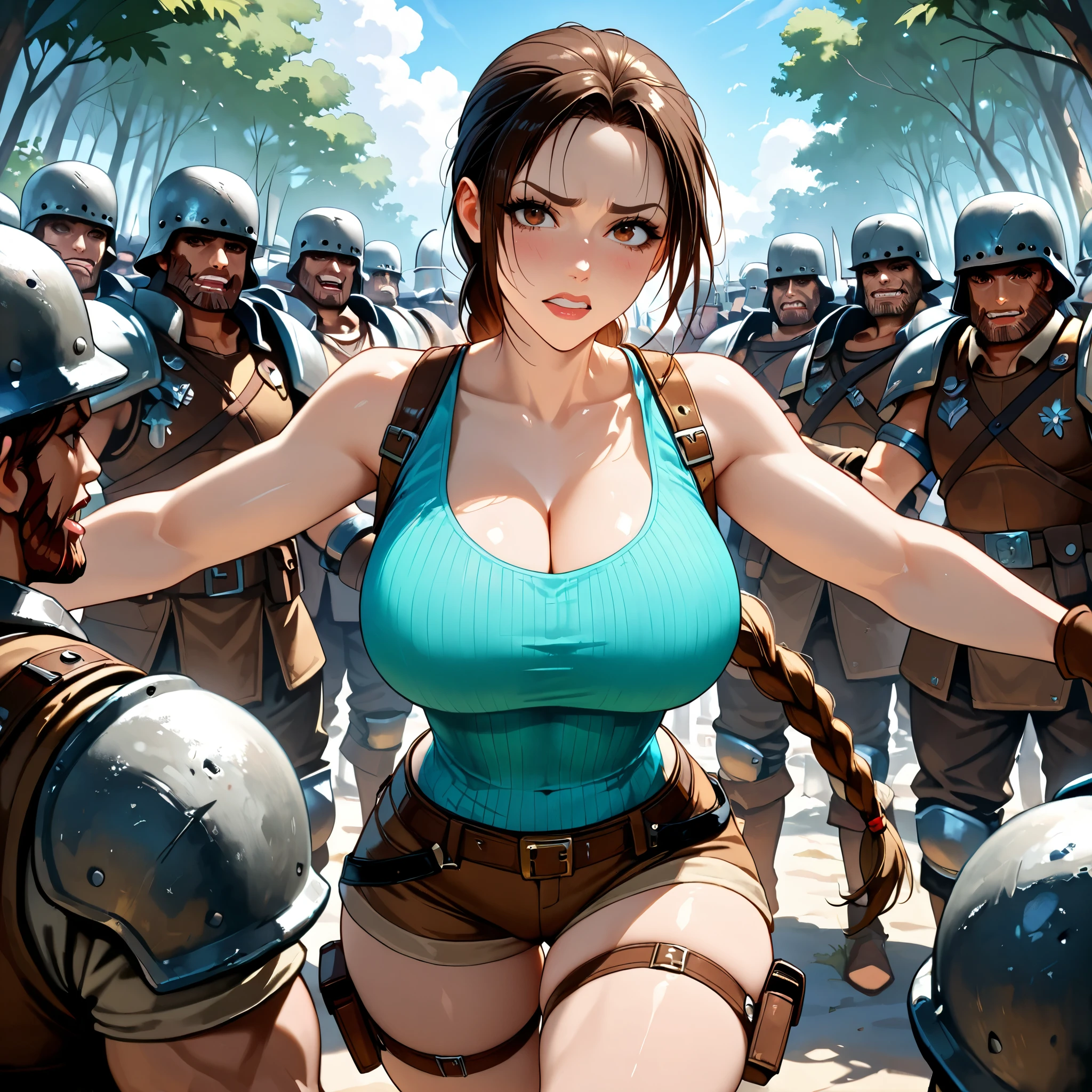 Score_9, Score_8_up, Score_7_up, Score_6_up, Score_5_up, Score_4_up, Source_anime, Tag1, Tag2, Quality_masterpiece, vibrant colors, Anatomically correct, 20 year old girl, Beautiful face, Perfect face, Highly detailed beautiful face and eyes, Attractive face, Detailed face, Delicate facial features, Detailed skin, perfecteyes, big breasts, big ass, thin waist, thick thighs, Eyelashes, brown eyes, TRLCLAS, Lara Croft, (brown long braid :1.2), scared face, teal tanktop sleeveless, shoulder strap, brown shorts, thigh holster, (surrounded by mercenaries :1.3), (multiples mercenaries :1.2), (Many mercenaries surrounding the girl :1.2), stalkers, gangbang, mercenaries corner the girl, (Many mercenaries harassing the girl :1.2), (mercenaries looking at the girl :1.1), in an ancient temple in the jungle