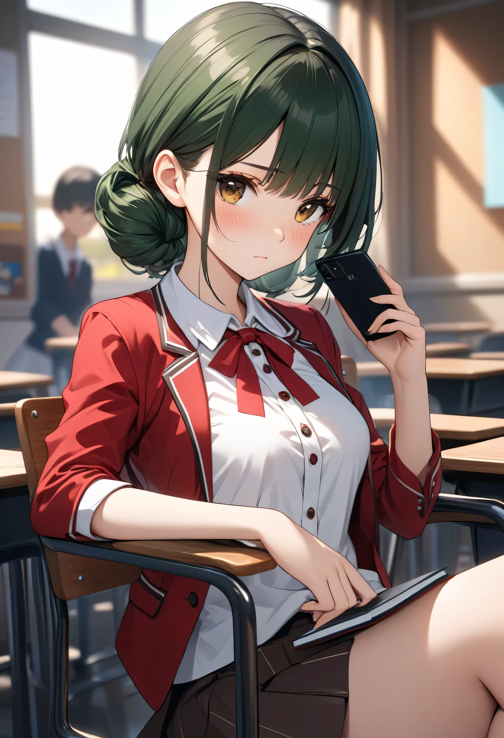 ((Masterpiece, better quality, High resolution, UHD, perfect pixels, depth of field, 4k, RTX, hdr))), 1 girl, single, , alone, half body, beautiful anime girl , beautiful artistic style, anime character style hairstyle, ((serious expression, slightly frowned , childish gaze, dark green hair, straight at neck height , stretched out at the tips : 1.4, The bangs ,)), ( brown eyes, beautiful lashes,), (Detailed view, blush: 1.1), (smooth texture: 0.6, realistic texture: 0.4, photorealistic: 1.1, anime cg style), beautiful medium breasts, (dynamic angle, foreground neckline, looking at the spectator, Slightly profile view), perfect body, (Clean fingers, ), (girl sitting in a chair recharged in backrest , wears a cell phone in her hand , She is looking up at the spectator at a boy who can be seen backwards approaching her) In the background, a classroom with chairs that with a small support for writing), ((red blazer, buttons yellow , white school blouse pants, , white plank miniskirt , white socks)