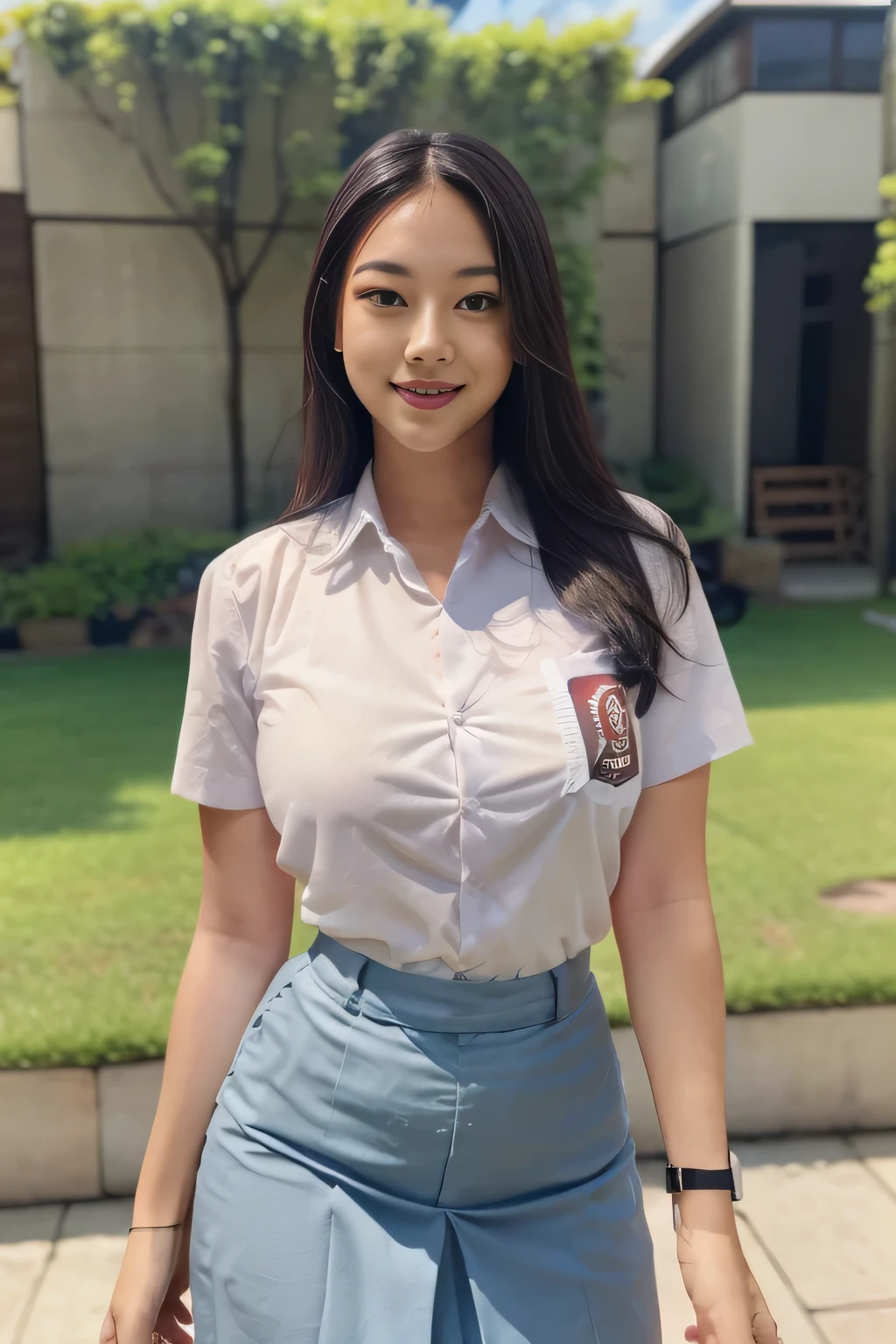 1girl, solo, 19 years old, (uniform), detailed Metropolitan city at the background, portrait, thick breasts, semi-curvy body, smooth realistic skin, cute smile, white shirt, grey blue short skirt, looking at the audience, high angle shot,(8k, RAW photo, best quality, masterpiece: 1.3), (realistic, realistic: 1.37), ultra-high resolution, cowboy shot