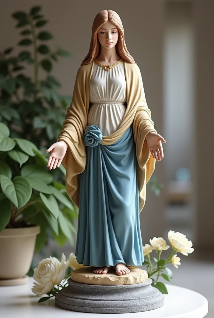 Beautiful woman with light blue eyes, curly black hair, wearing a blue tunic with wide, long sleeves adjusted at the waist by a white sash. Wear a thick white veil.