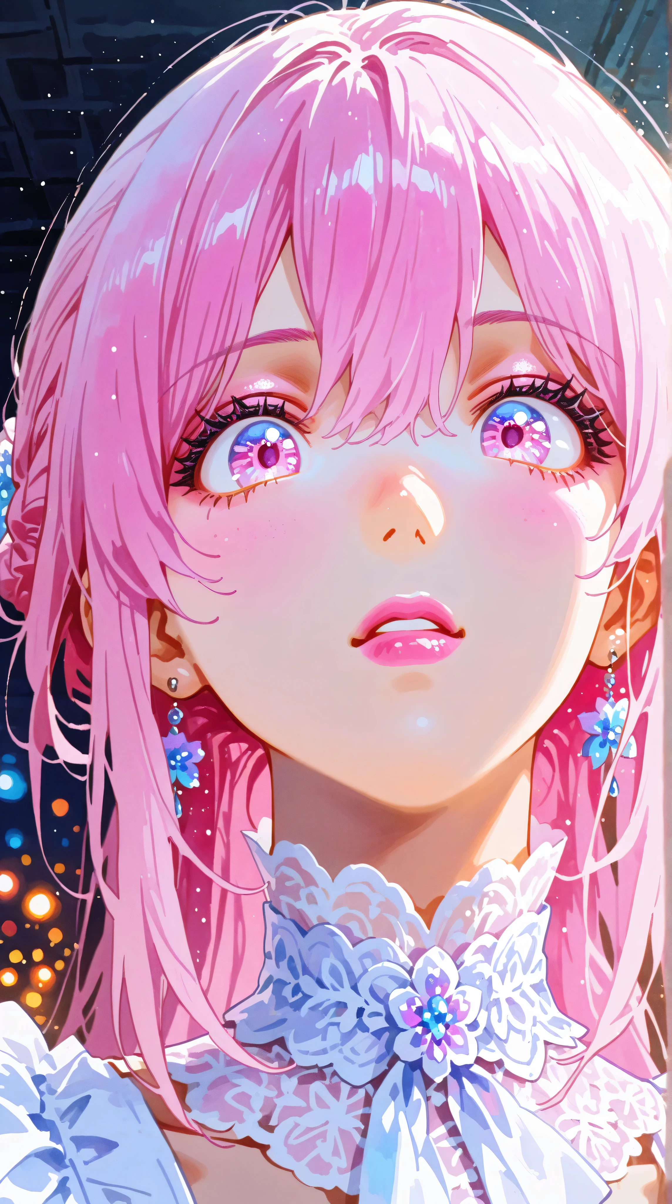 A young japanese woman, beautiful detailed eyes, beautiful detailed lips, extremely detailed eyes and face, long eyelashes, woman wearing a flowery dress, pastel painting oil stick painting, thick coating, texture, inspired by Moebius, trippy, (((watercolor illustration))), portrait, big eyes, ulzzang, pink eyes, (best quality,4k,8k,highres,masterpiece:1.2),ultra-detailed,vivid colors,bokeh