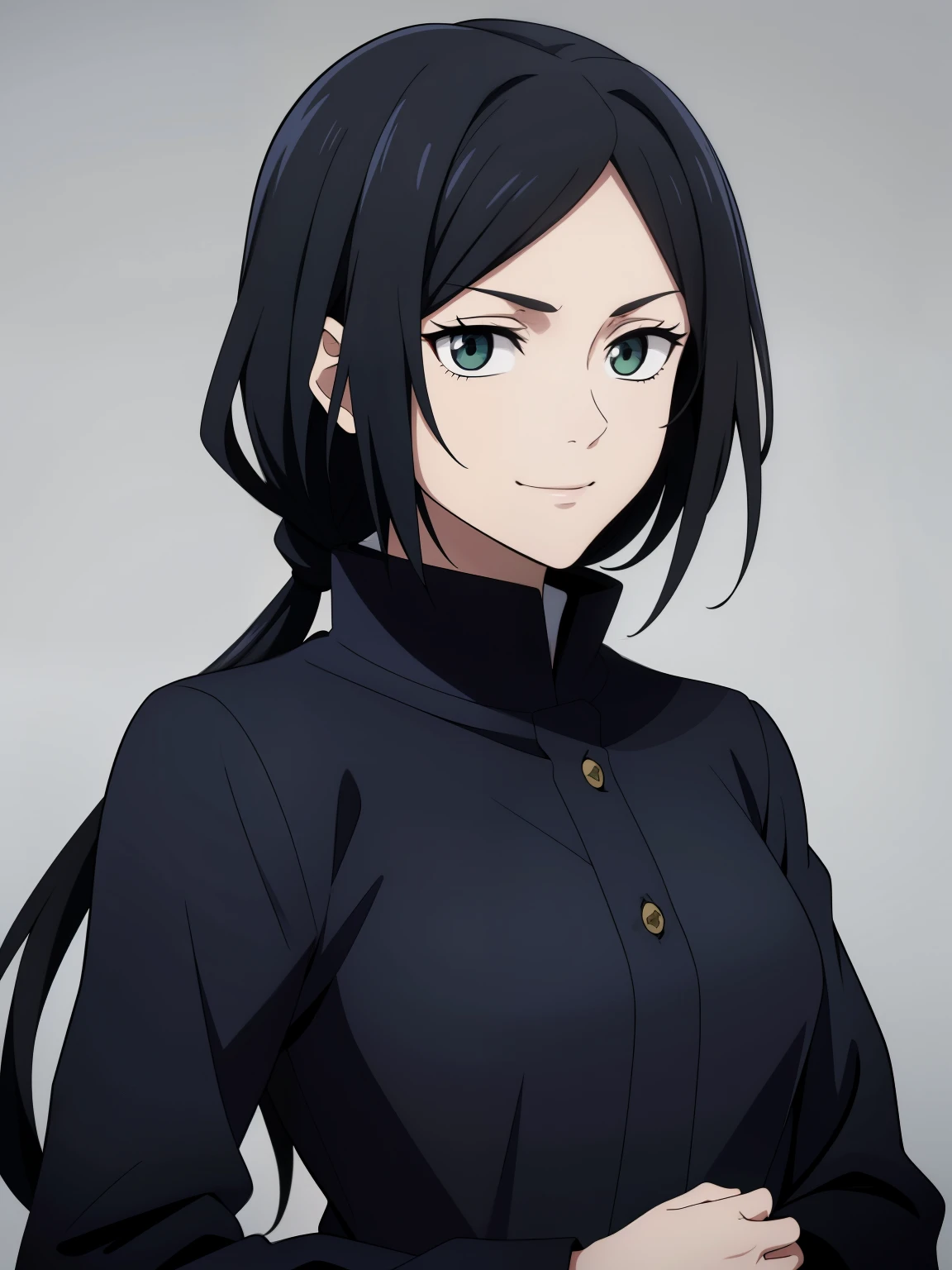 (high-quality, breathtaking),(expressive eyes, perfect face) 1girl, female, solo, ager, black hair, bright meadow green eye color, mediium hair length, looking at viewer, half body, bright smile, kind face, cheerful expression, slightly tanned skin, dark black blue long sleeved shirt, collared shirt, dark black blue pants, jujutsu kaisen uniform, jujutsu high school uniform, flowy hair, feminine face, grey background, portrait, small sunflower, stylized hairstyle,