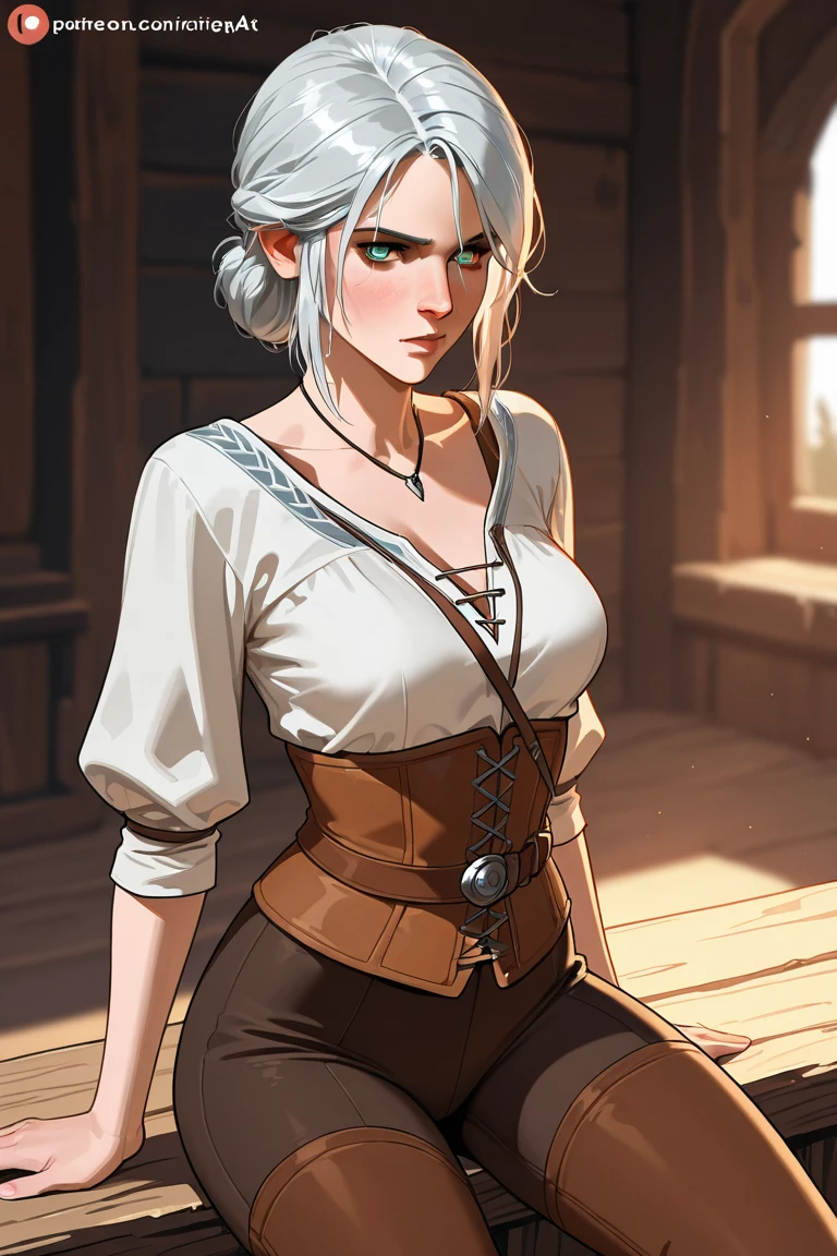 (8k, best quality, masterpiece: 1.2), ((best quality)), white hair, stands, shirt, cleavage, black leggings, ass, wide hips, siri, woman