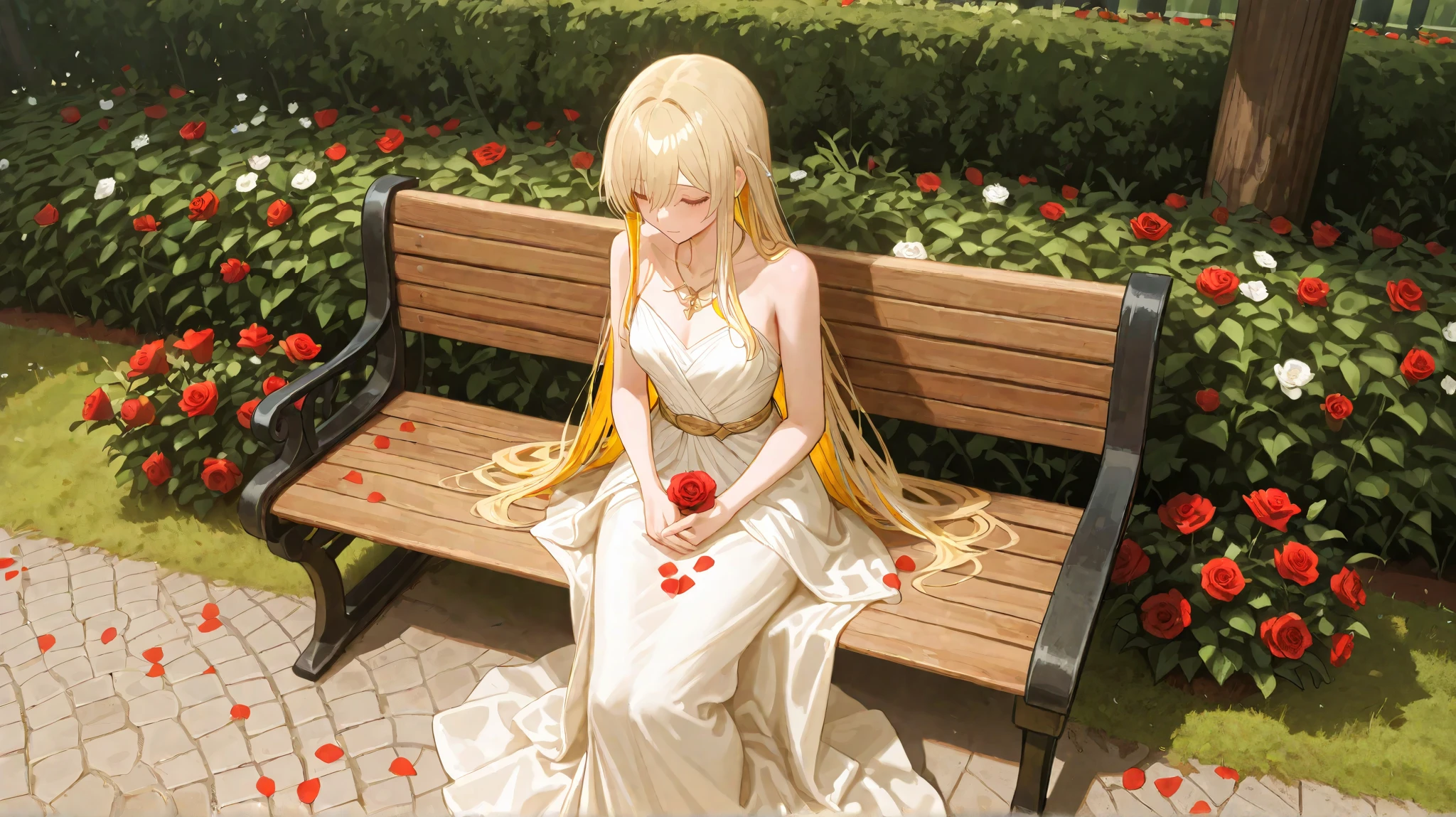 The afternoon sun casts golden streaks across the quiet garden, where the protagonist sits alone on a stone bench. A gentle breeze stirs the petals of the blooming roses, their sweet fragrance filling the air. She absently runs her fingers over the folds of her dress, her thoughts far away—until she senses a presence beside her.

Adrian stands there, silent as ever. He doesn’t sit, doesn’t speak, only watches her with an unreadable expression. She wonders if he even knows why he’s here.