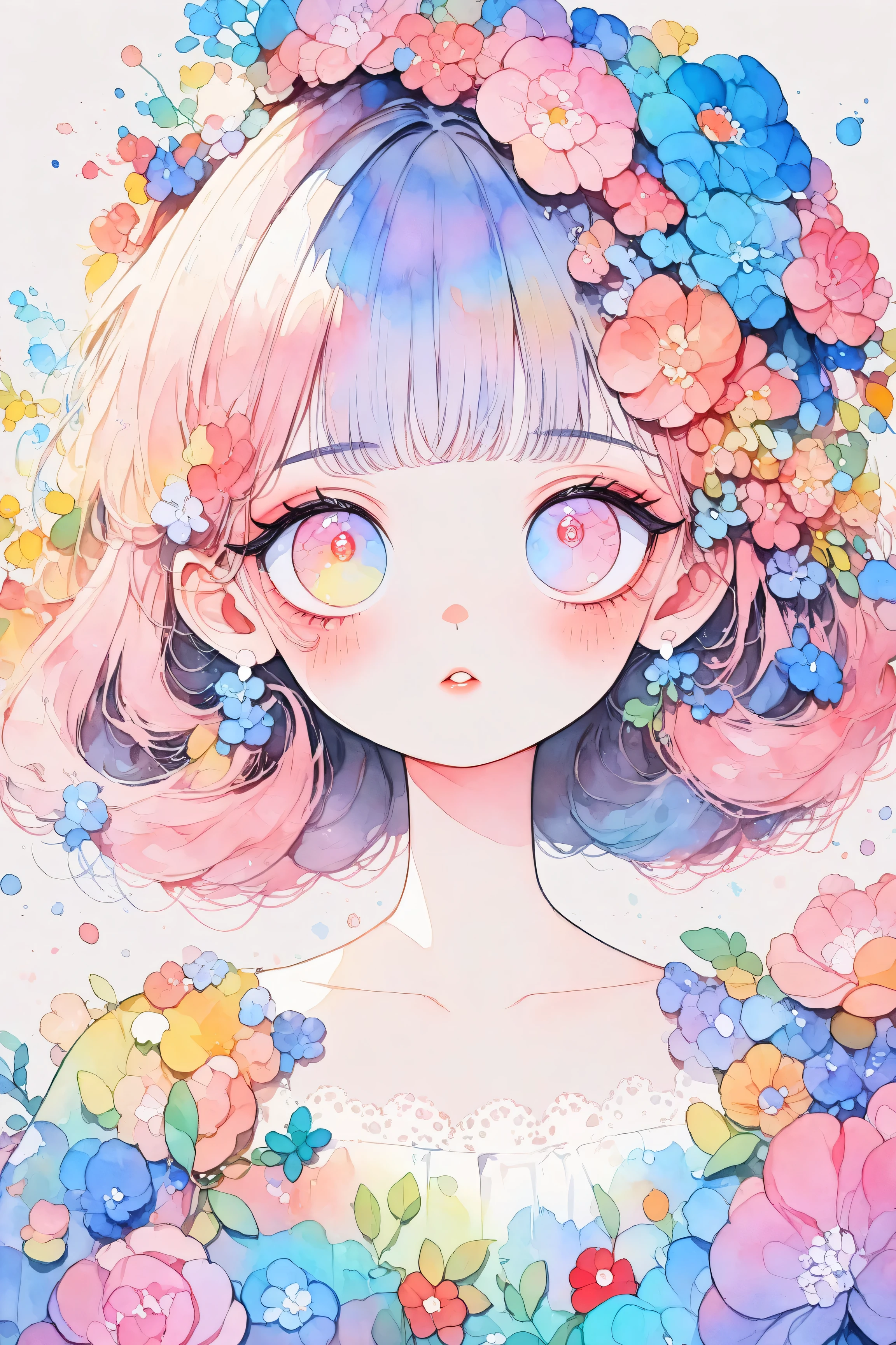 A young japanese woman, beautiful detailed eyes, beautiful detailed lips, extremely detailed eyes and face, long eyelashes, woman wearing a flowery dress, pastel painting oil stick painting, thick coating, texture, inspired by Moebius, trippy, (((watercolor illustration))), portrait, big eyes, ulzzang, pink eyes, (best quality,4k,8k,highres,masterpiece:1.2),ultra-detailed,vivid colors,bokeh