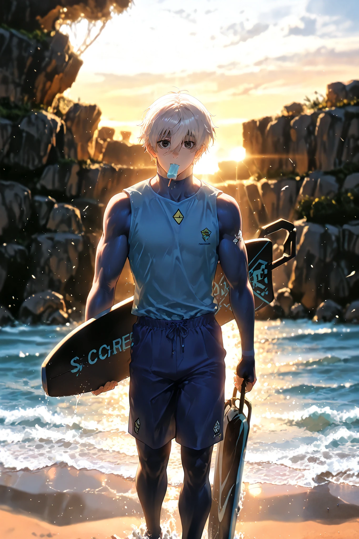 Nagi seishiro, (8k, HD), 1 boy, (masterpiece, best quality, absurdres, highres), amazing quality, very aesthetic, close view, perfect eyes, perfect face, volumetric lighting, sunlight falling on him, holding surf board in hand, standing, looking at viewer, digital art style, drawn aesthetic, full body, concept painting, ultrahigh definition, score_9, score_8, score_7_, Masterpiece, Best quality, (masterpiece), (highest quality), (very detailed), (the best shape), (best shadows), (absurd), (so beautiful), beautiful eyes in every detail, unusual, 8k, 32K, high resolution, very detailed e CG, score_9, score_8_high, score_7_high quality, 1 boy, /Quality, masterpiece, best quality, source_anime, anime coloring, countershading, light particles, aesthetics light, intricately detailed illustration, yaoi, //Character, BREAK, 1boy, male, male focus, solo, Nagi, white hair, black eyes, masculine, bright skin, male, summer shorts, half shirt, blue shirt, upper body, looking at viewer, at beach, sunlight falling on him, ice cream in her mouth,shirtless , muscular, lazy//Quality, BREAK, intricately detailed illustration, masterpiece, best quality, amazing quality, very aesthetic, high resolution, ultra-detailed, absurd res, newest, scenery, volumetric lighting,nagi_seishirou,grey eyes,hair between eyes