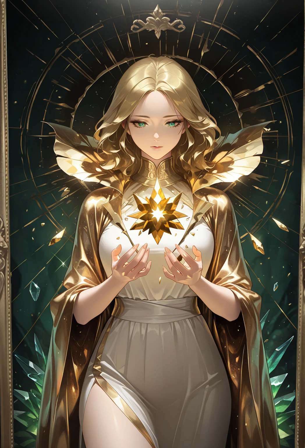 korean woman, Roman goddess wearing a winged crown, angel wings, ((holding a large star-shaped gold coin)), ((Ace of pentacle)), ((Tarot)), card, ((green theme)), white louis frame, Roman frame, Shoulder show dress