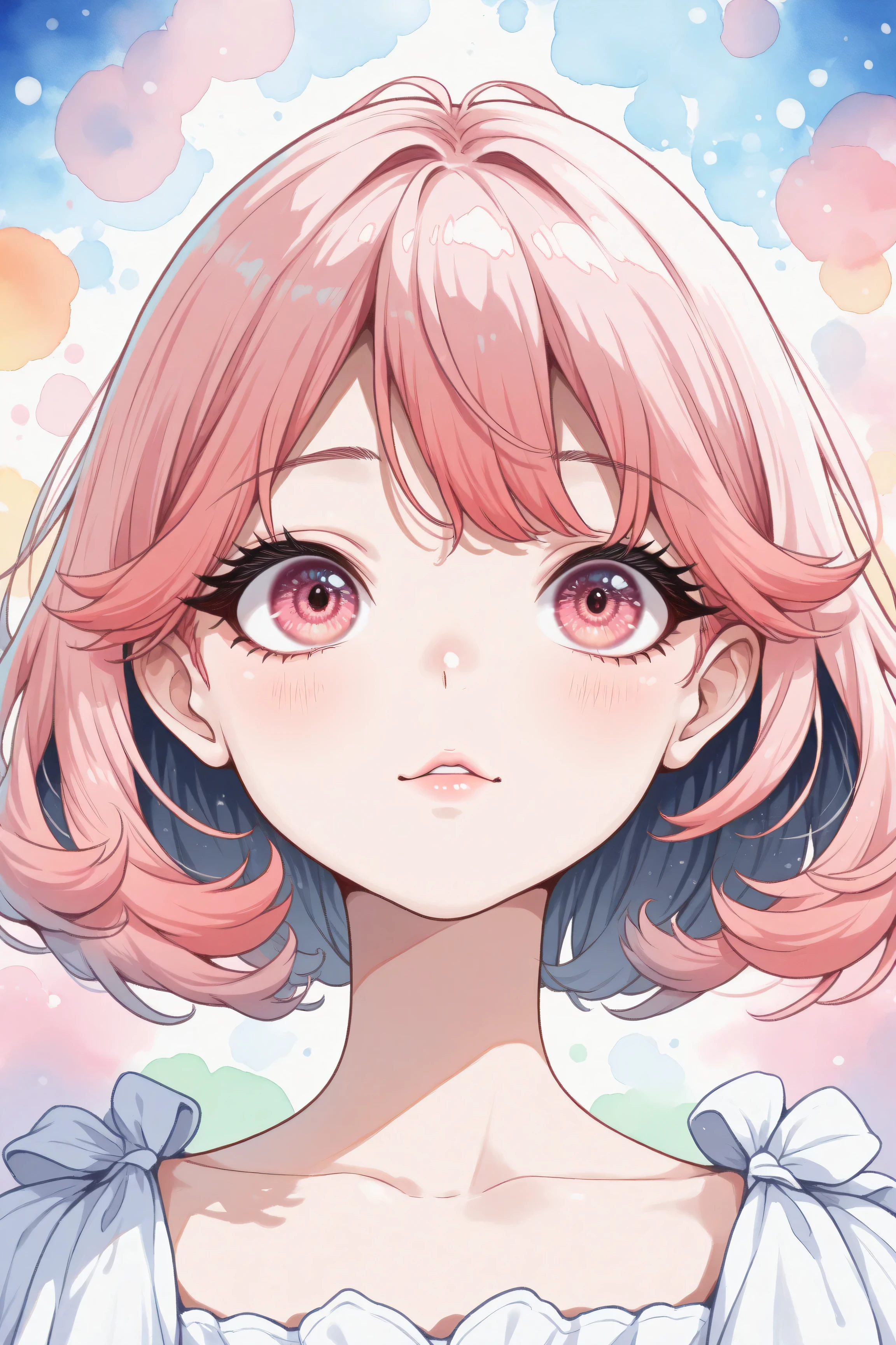 A young japanese woman, beautiful detailed eyes, beautiful detailed lips, extremely detailed eyes and face, long eyelashes, woman wearing a flowery dress, pastel painting oil stick painting, thick coating, texture, inspired by Moebius, trippy, (((watercolor illustration))), portrait, big eyes, ulzzang, pink eyes, (best quality,4k,8k,highres,masterpiece:1.2),ultra-detailed,vivid colors,bokeh