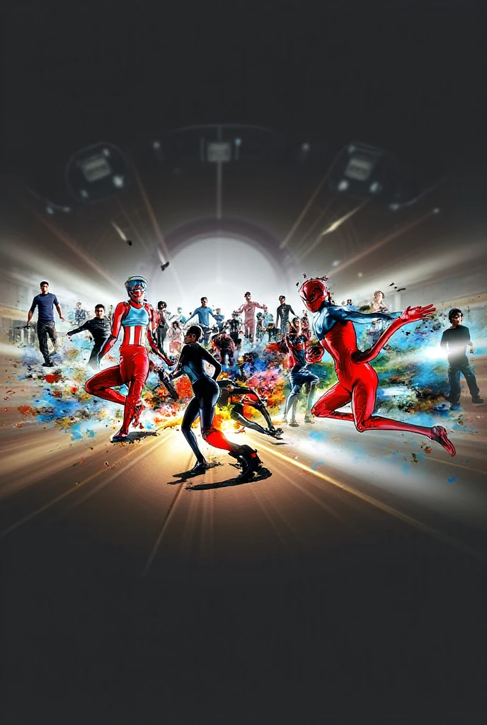 /imagine prompt: The image is vertically divided into three equal parts, each with a hero highlighted facing forward and a distinct background scenery.
Left Part: the father, a super intelligent hero, is facing forward in a call center. He is tall and slender, with a military-style shaved haircut and a futuristic technological suit in metallic colors (silver and electric blue). The background around her shows work tables, computers and office equipment, reflecting their everyday environment.
Middle Part: The 4-year-old daughter is facing forward, running at super speed in a daycare. She wears a colorful and aerodynamic suit, with straight hair and open curls. The background of the daycare shows toys, tables and children's chairs, creating a welcoming and playful environment.
Right part: the mother, with fire powers, is facing forward in a beauty salon. She has an athletic body, medium-sized curly hair and wears a flaming suit with red and orange details. The background of the beauty salon shows mirrors, chairs and beauty products, reflecting their daily environment.
Each hero must be clearly highlighted in their vertical section, with their specific background scenery and distinctly separated, illustration, digital art with vibrant colors and sharp details, --ar 16:9 --v 5