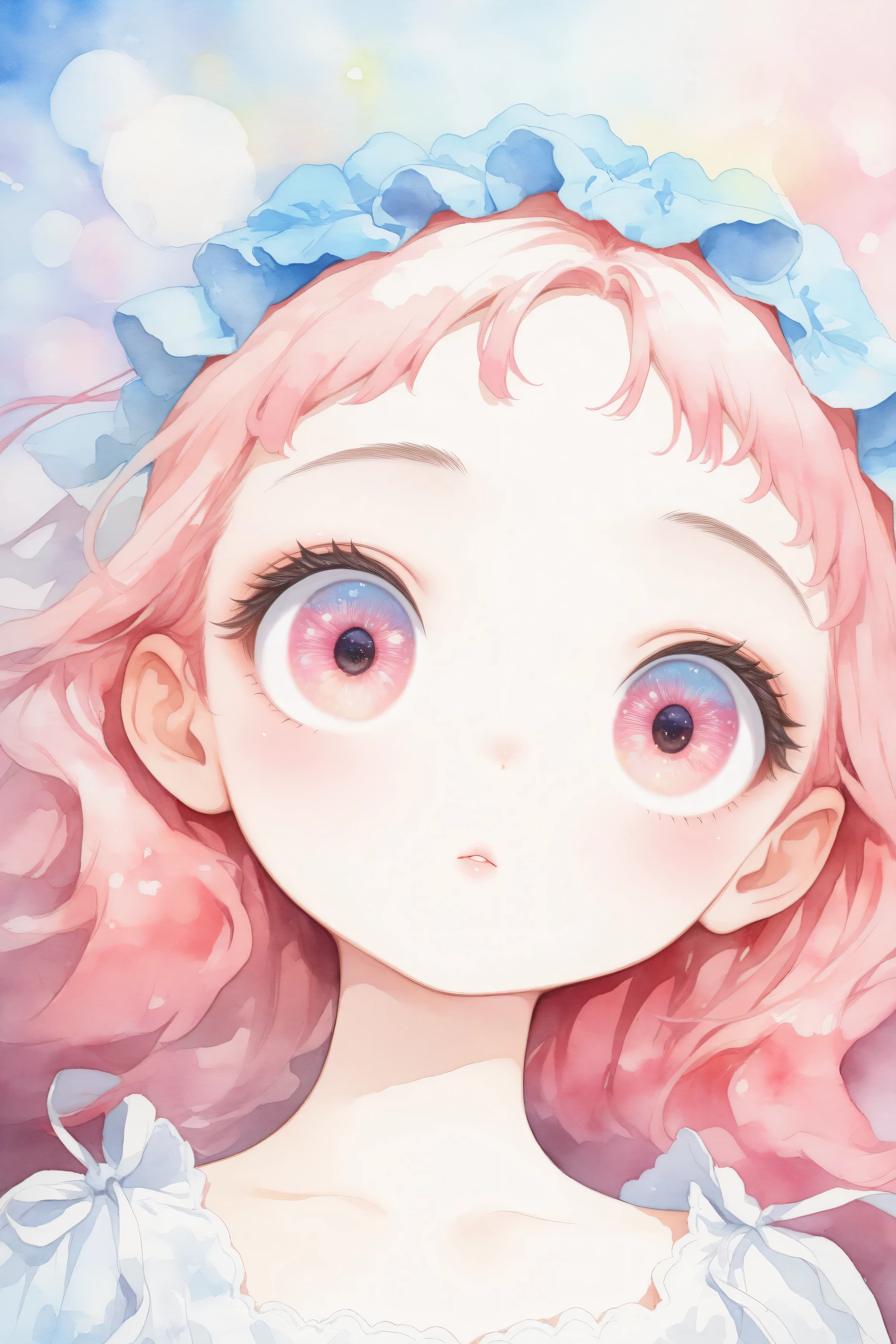 A young japanese woman, beautiful detailed eyes, beautiful detailed lips, extremely detailed eyes and face, long eyelashes, woman wearing a flowery dress, pastel painting oil stick painting, thick coating, texture, inspired by Moebius, trippy, (((watercolor illustration))), portrait, big eyes, ulzzang, pink eyes, (best quality,4k,8k,highres,masterpiece:1.2),ultra-detailed,vivid colors,bokeh