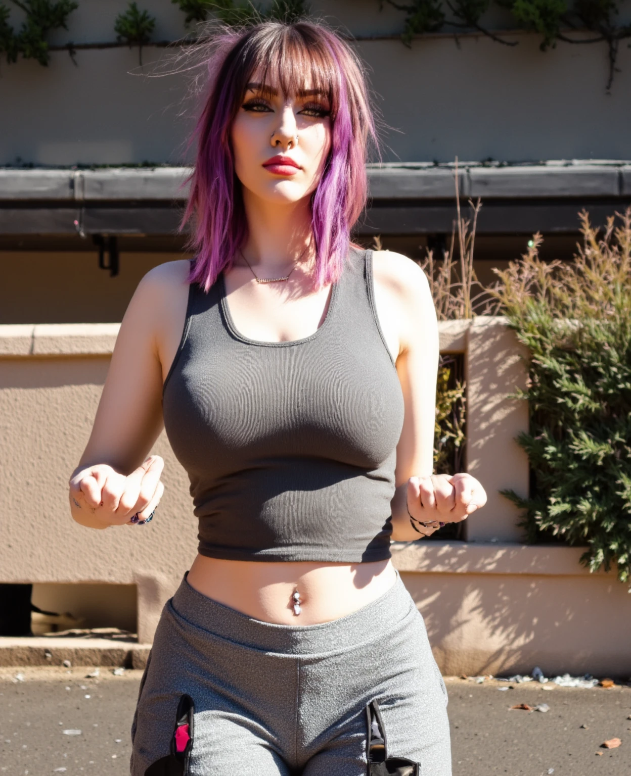 girl, Short curly pastel purple hair, freckles, septum piercing, medium tits, wearing a long sleeve crop top and spandex shorts, blue and brown heterochromatic eyes