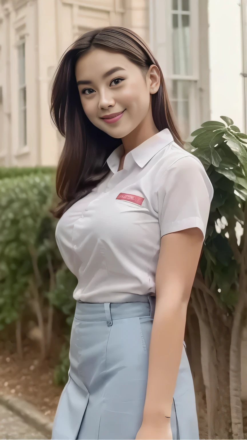 1girl, solo, 19 years old, (uniform), detailed Metropolitan city at the background, portrait, thick breasts, semi-curvy body, Sixpack abs, smooth realistic skin, cute smile, tight white shirt, grey blue short skirt, looking at the audience, high angle shot,(8k, RAW photo, best quality, masterpiece: 1.3), (realistic, realistic: 1.37), ultra-high resolution, cowboy shot