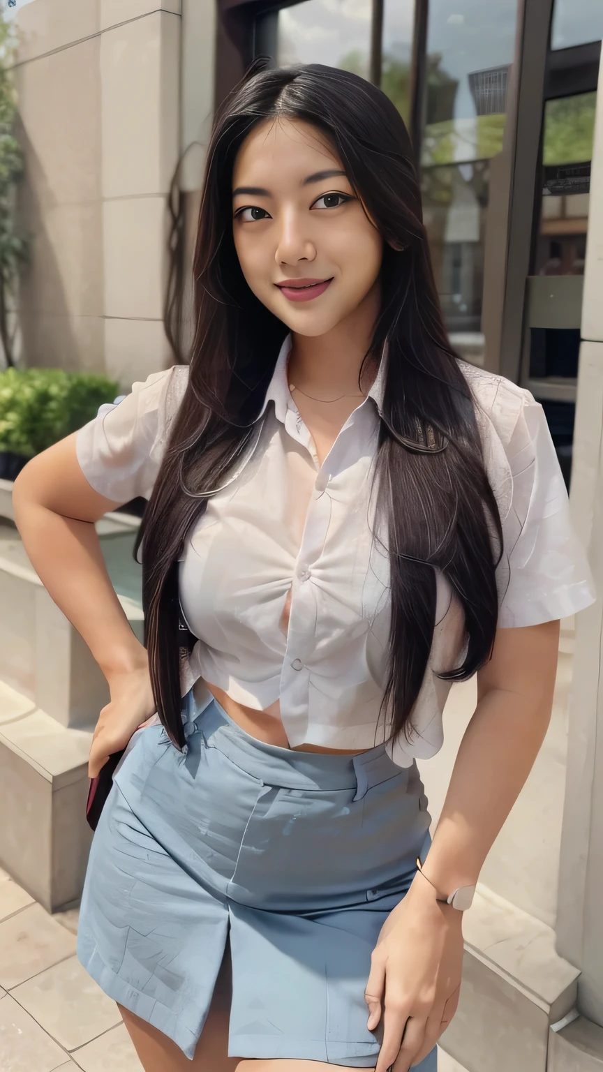 1girl, solo, 19 years old, (uniform), detailed Metropolitan city at the background, portrait, thick breasts, semi-curvy body, smooth realistic skin, cute smile, white shirt, grey blue short skirt, looking at the audience, high angle shot,(8k, RAW photo, best quality, masterpiece: 1.3), (realistic, realistic: 1.37), ultra-high resolution, cowboy shot