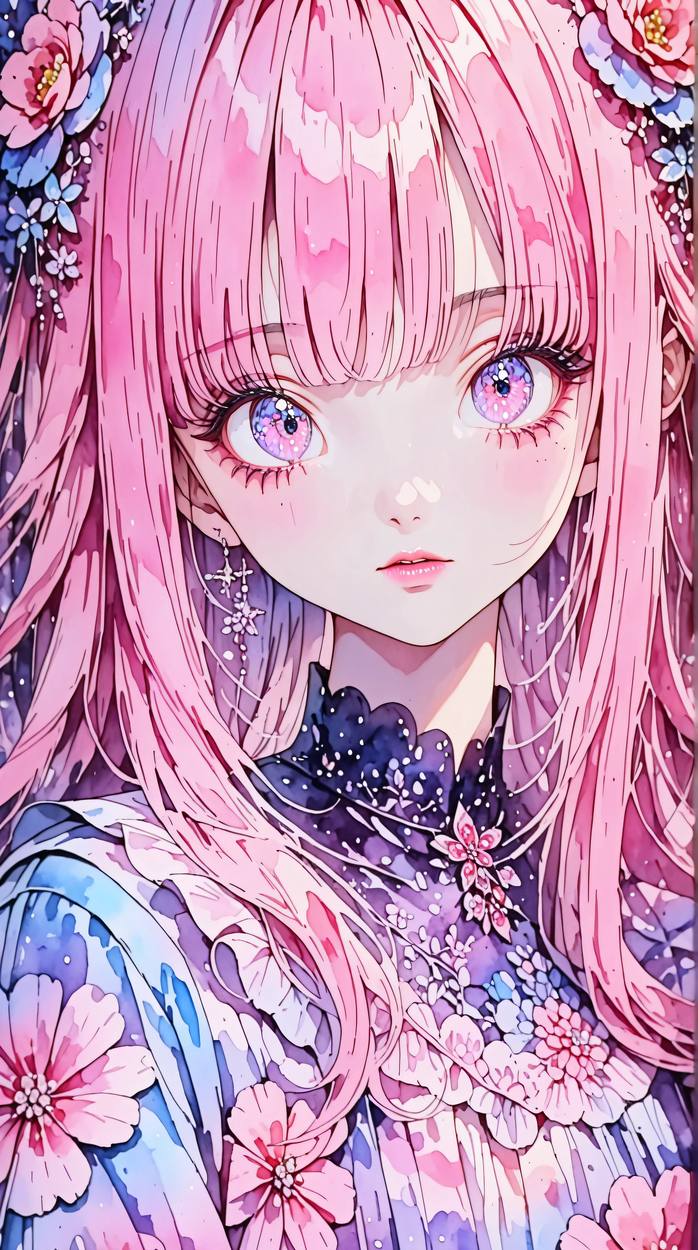 A young japanese woman, beautiful detailed eyes, beautiful detailed lips, extremely detailed eyes and face, long eyelashes, woman wearing a flowery dress, pastel painting oil stick painting, thick coating, texture, inspired by Moebius, trippy, (((watercolor illustration))), portrait, big eyes, ulzzang, pink eyes, (best quality,4k,8k,highres,masterpiece:1.2),ultra-detailed,vivid colors,bokeh