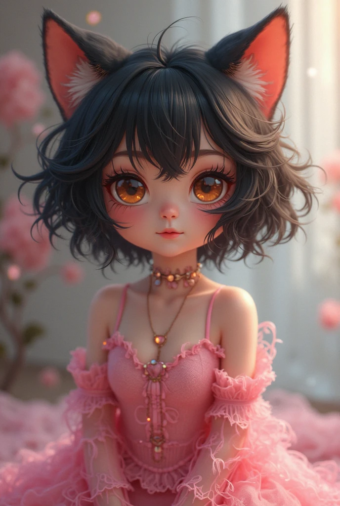 (Optical Realism:1.2), beautiful girl, Japanese girl, 1. Looks innocent. She has short legs, I have shoulder-length curls and a big bow at the back of my hair.. Both cheeks are covered with fur.. She has very big breasts.
