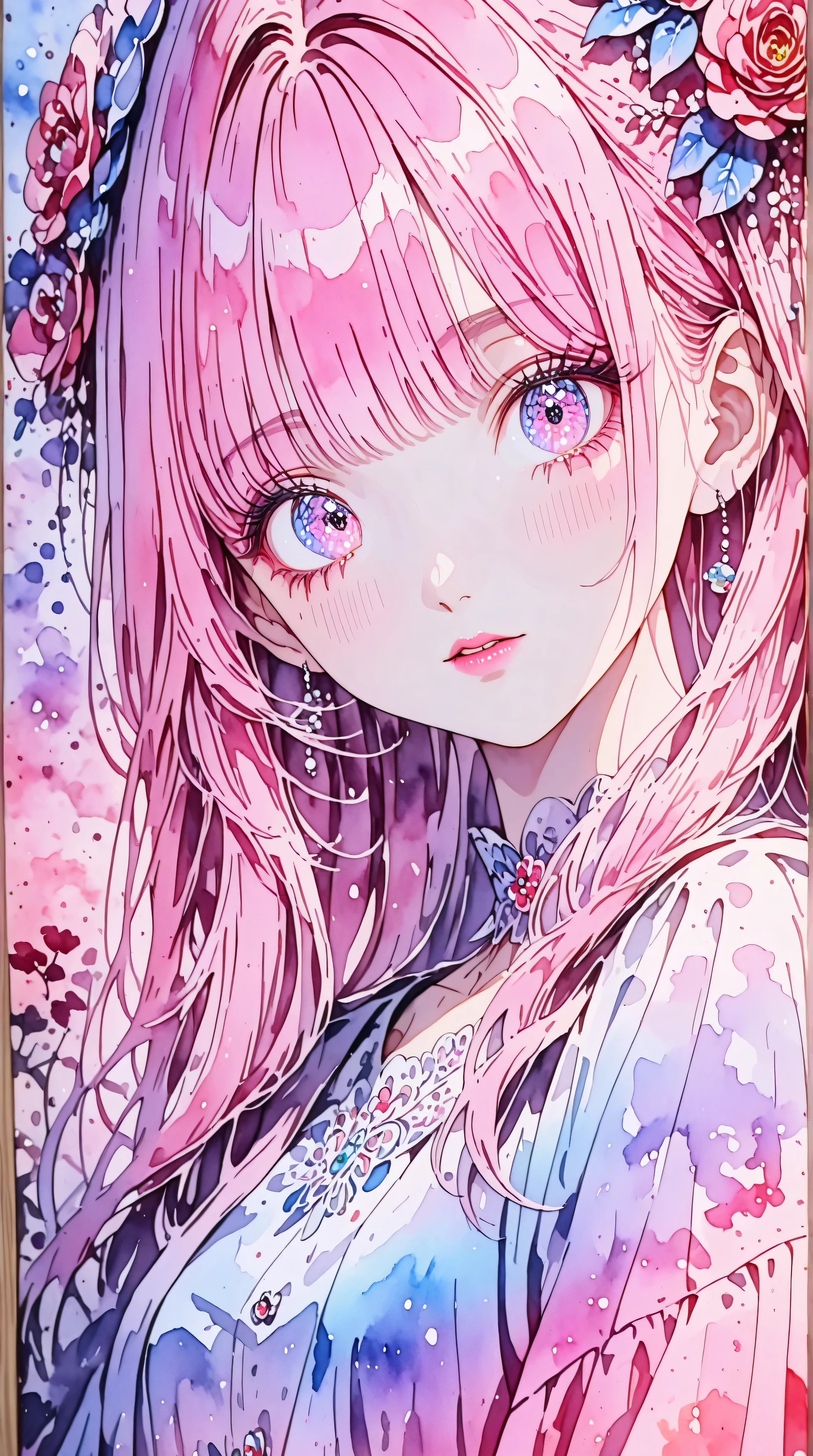 A young japanese woman, beautiful detailed eyes, beautiful detailed lips, extremely detailed eyes and face, long eyelashes, woman wearing a flowery dress, pastel painting oil stick painting, thick coating, texture, inspired by Moebius, trippy, (((watercolor illustration))), portrait, big eyes, ulzzang, pink eyes, (best quality,4k,8k,highres,masterpiece:1.2),ultra-detailed,vivid colors,bokeh