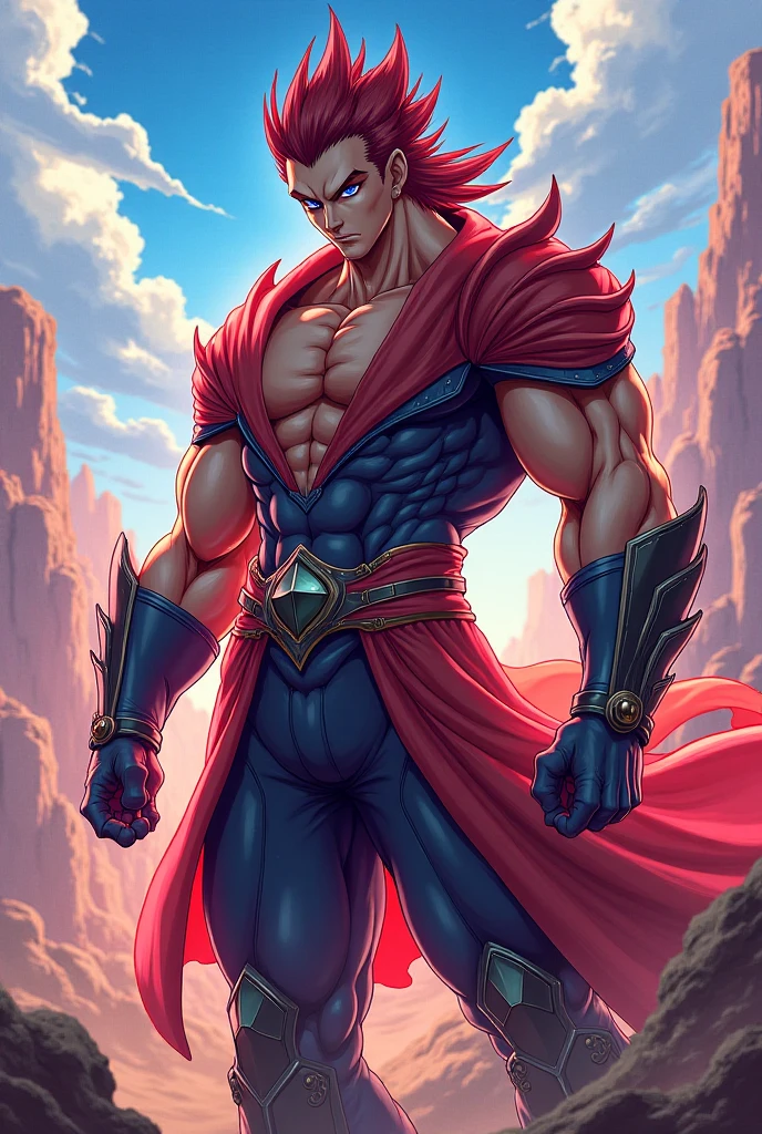 there is a 35 year old man shirtless, big muscles, short red hair and wearing white tribal baggy pants and with a three-bladed spear in his hands he is from above looking at a modern city he is serious and perplexed anime style man lost with a red cape on head standing on a ledge, handsome prince full body tribal tattoos on arms