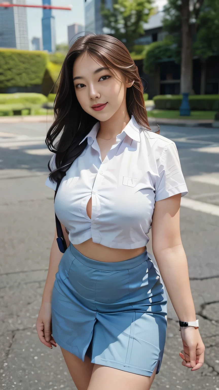 1girl, solo, 19 years old, (uniform), detailed Metropolitan city at the background, portrait, thick breasts, semi-curvy body, smooth realistic skin, cute smile, white shirt, grey blue short skirt, looking at the audience, high angle shot,(8k, RAW photo, best quality, masterpiece: 1.3), (realistic, realistic: 1.37), ultra-high resolution, cowboy shot