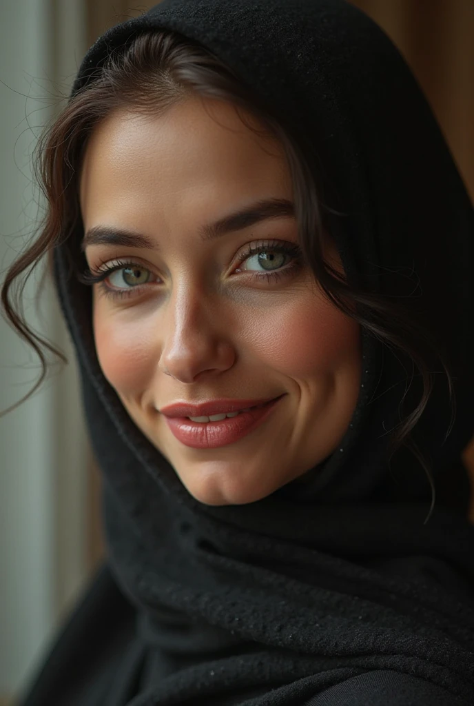 A beautiful woman wearing hijab, brown eyes, seductive smile, perfect skin, blushing, shiny complexion, 40 years old, medium breasts, (best quality,4k,8k,highres,masterpiece:1.2),ultra-detailed,(realistic,photorealistic,photo-realistic:1.37),HDR,UHD,studio lighting,ultra-fine painting,sharp focus,physically-based rendering,extreme detail description,professional,vivid colors,bokeh,portrait