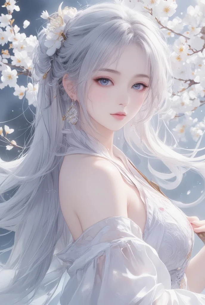 super high quality, masterpiece, Perfect illustration, Extremely detailed (Exquisite light and shadow, A very dramatic picture,Backlight) , ((Gray Hair:1.5))1 girl, alone, (Wearing Han clothes, Black and white Hanfu,monotone,Long sleeves) Flower Field, Flowers, (White smoke:1.3) (Realistic:1.4), Zen Intertwining, Tangled, Official Art, unity 8k wallpaper, Very detailed, Beautiful and beautiful, masterpiece, highest quality, (Dynamic Angle: 1.4), Glowing Skin, (Floating colorful flashes: 1) The most beautiful chaotic shapes, elegant, brutalism design, Bright colors, Romantic Depth of Field Exotic_dance, half_naked、Exposing shoulders、Ample breasts、Great cleavage、(han style、jin style)
