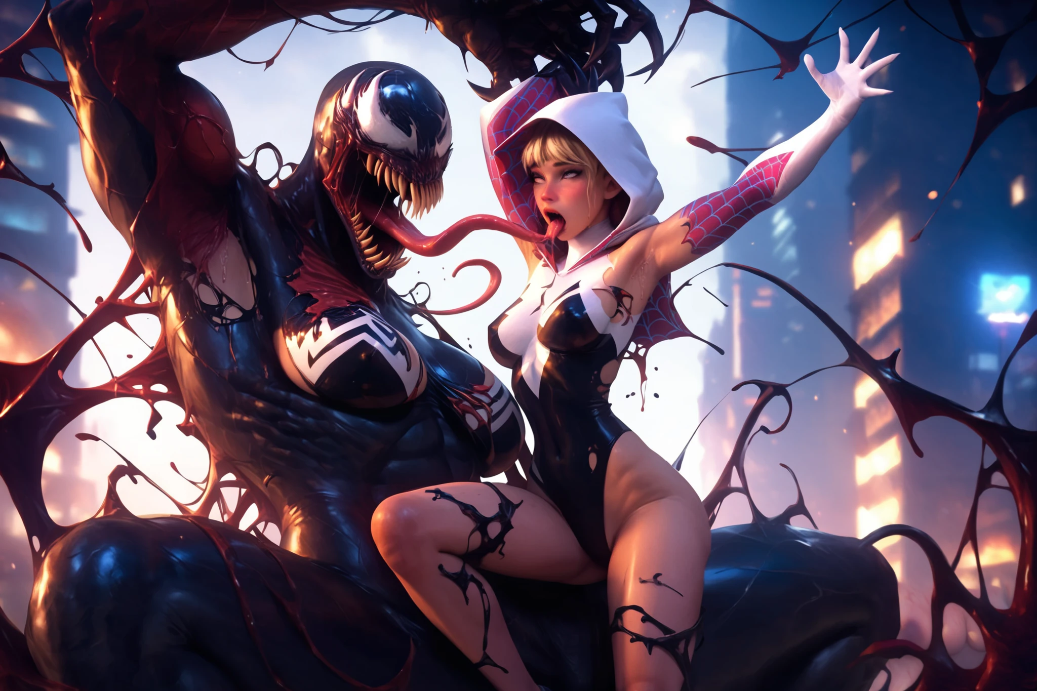 Action, Venom and carnage gangbang attack spider-gwen, beautiful face, ahegao face, baby face, (a beautiful, spider- gwen costume, sexy girl with torn and ripped in the sexy places, hot and curvaceous body sparsely clothed, highly revealing and alluring costume, epic perspective, gigantic size breasts, hourglass), Realistic, hyper realistic, score_9, score_8_up, score_7_up, score_6_up, 1 venom and 1 carnage, giant venom with a neon, and big slimy fangs and claws, monster carnage with giant body, size difference. beautiful spider-gwen costume, ahegao face, orgasm face, spread leg, slim body, One, Thick, big breasts, gigantic size breasts, Sharp claws, spread legs, beautiful legs, venom holding her butt, legs raised by carnage, sweaty, Slim figure, muscular body, sensual body, big breasts, big , big butt, beautiful legs, carnage licking her butt, licking, licking, (Raise one hands to show armpits:1.3)、(Close-up of armpits:1.34), (Raise hands to show armpits、armpits, realistic, hd, 4k, monster venom licking pyssy, carnage and venom, At the municipal building, it caught fire