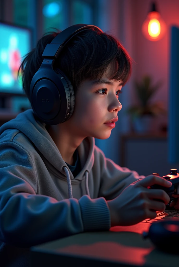 Hello how are you? I need an image of a 15 year old teenager playing a FIFA 24 championship with a PS4 controller in his hand and a realistic headset on his head.