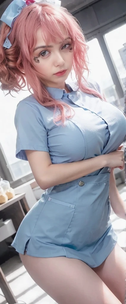 hospital, latex nurse suit,nurse,busty,mask,gloves,labcoat,gingerhair woman, pink eyes , gigantic boobs ,medical instruments,asian nurse,nurse hat,two nurses