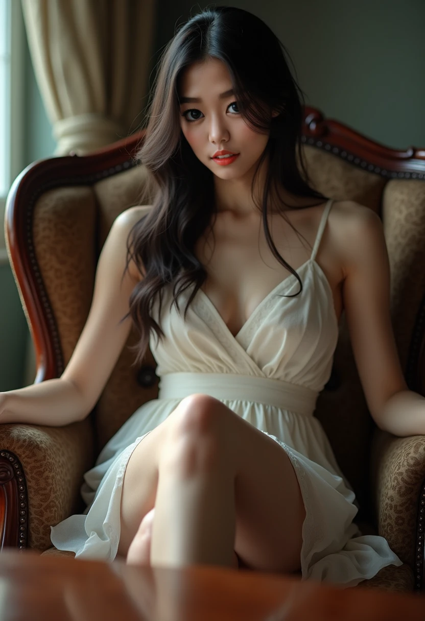 Girl open dress and sitting in Cher