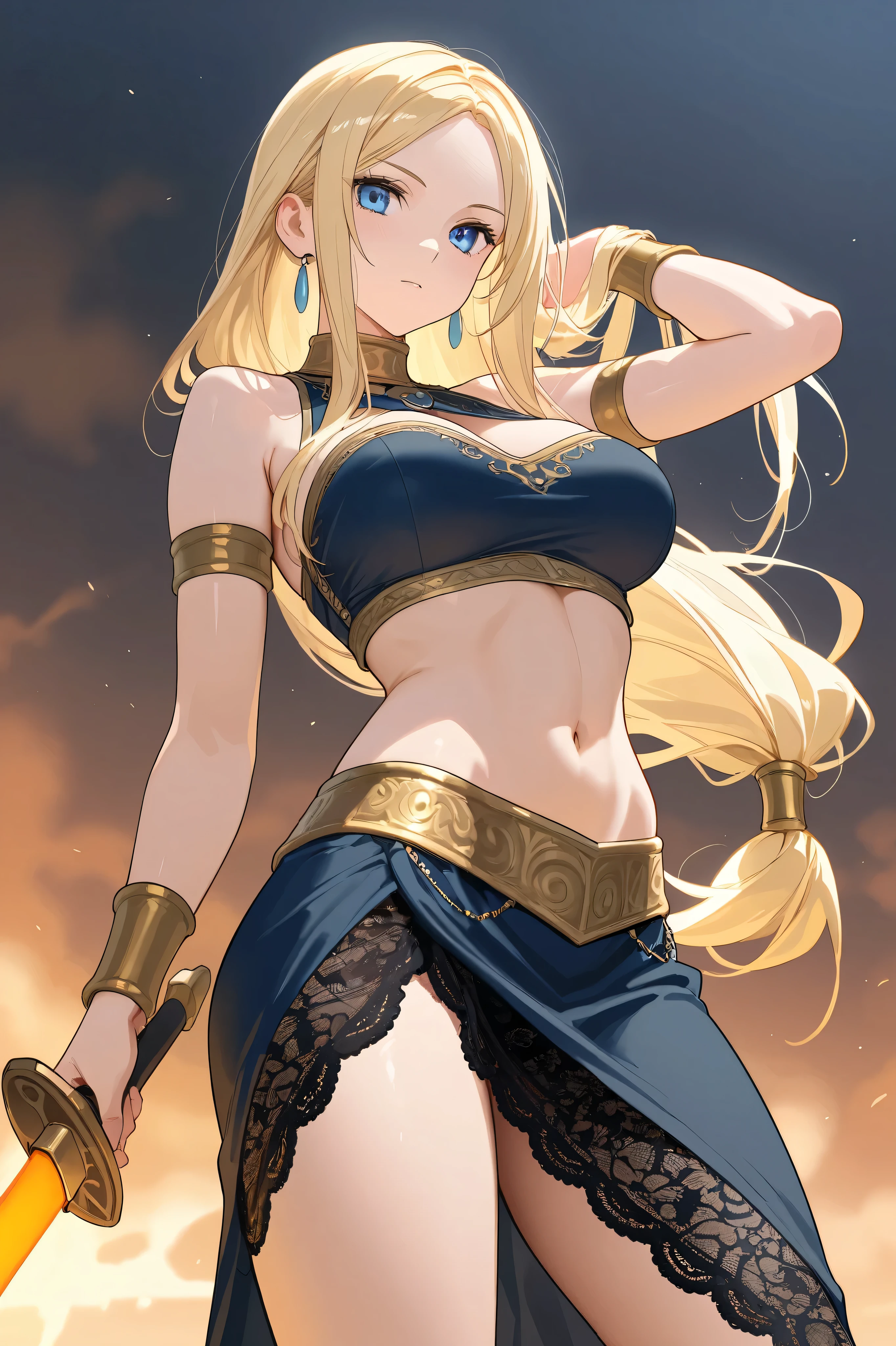 Beautiful amazon woman with a greyish blond thick plait braid hairstyle holding a spear, toned body, triangular face, standing tall