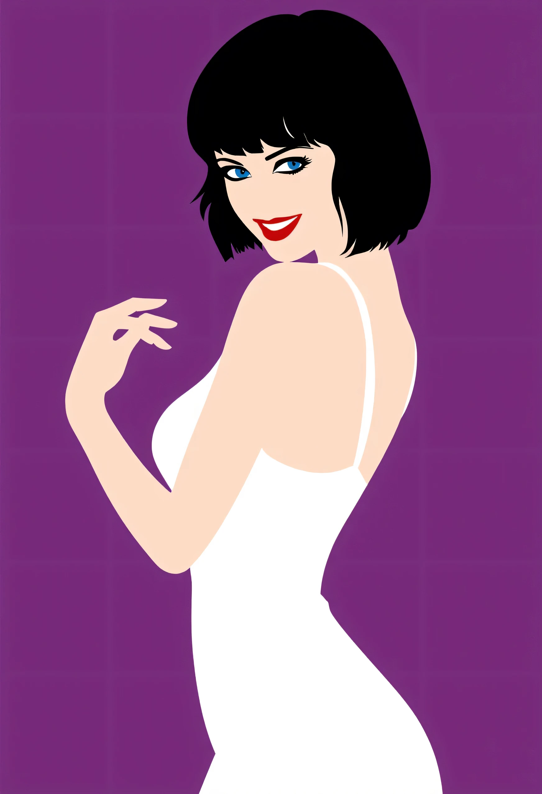 Aesthetically_Pleasant_Pose, 1Woman, Solo, Stencil, close up, A captivating simple Vector art of a black bob hair female wearing a white negligee, white short dress, blue eyes, and a red lip, bare shoulders, purple background. Standing up, it’s a very minimalist simple vector illustration with minimal colors, upper body, looking at viewers, sexy smile, mouth closed